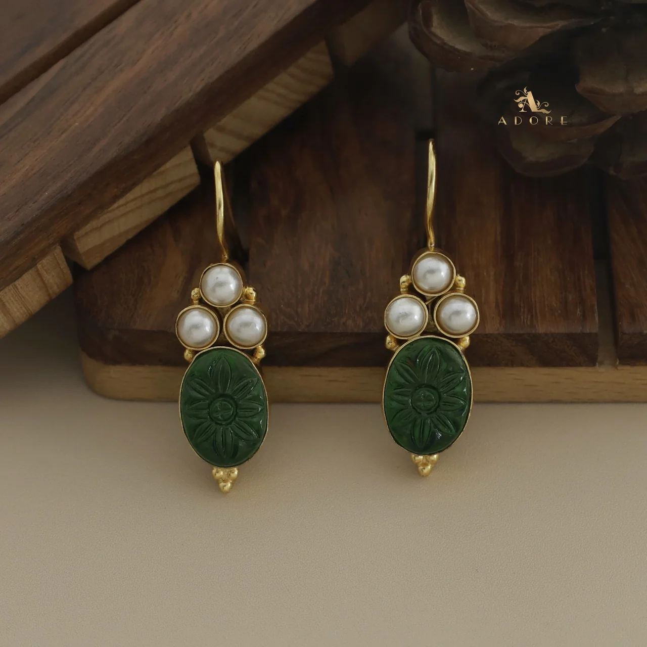 Carved Oval Tri Pearl Drop - Image 2