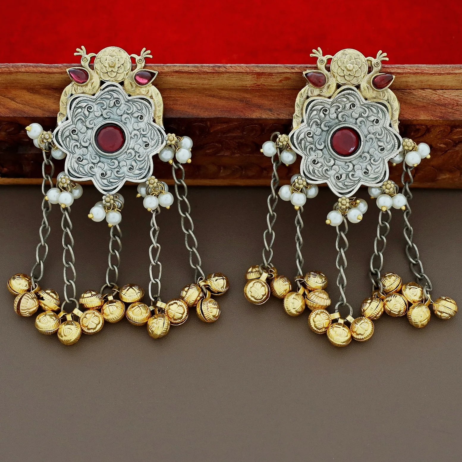 Cecilia Dual Tone Mayura Hanging Ghungroo Earring - Image 2