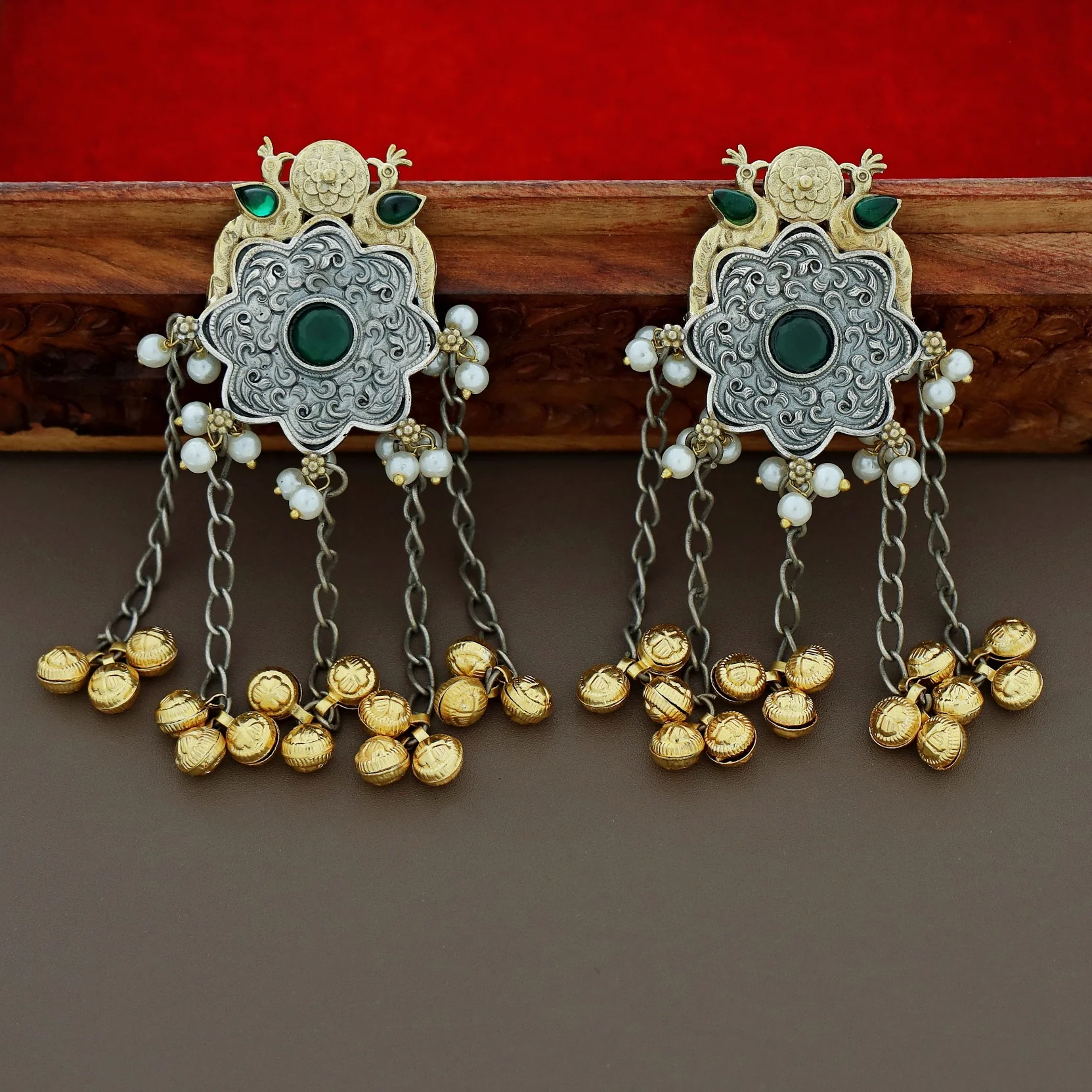 Cecilia Dual Tone Mayura Hanging Ghungroo Earring - Image 3