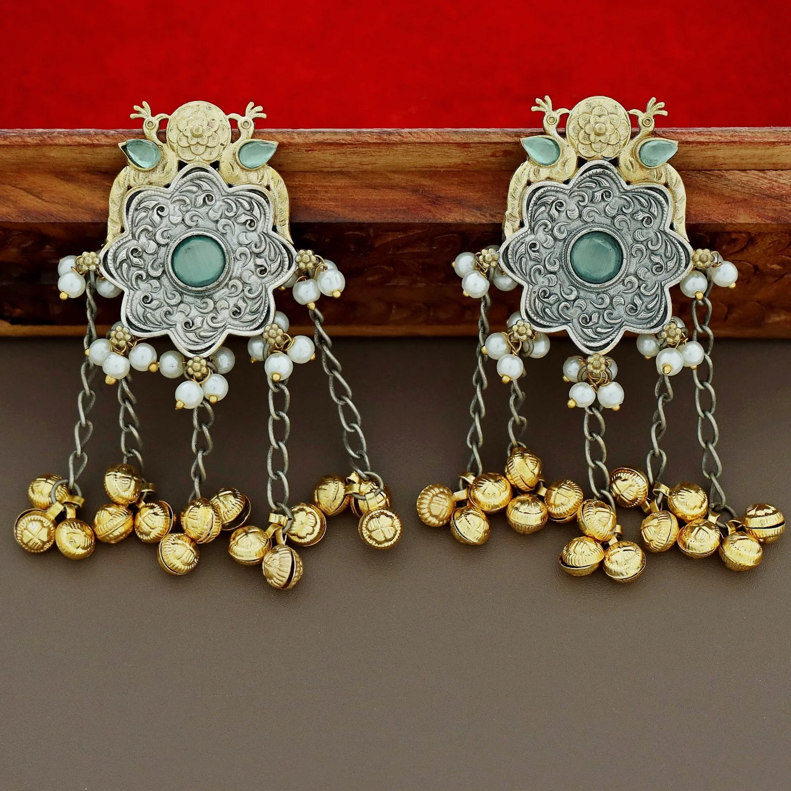Cecilia Dual Tone Mayura Hanging Ghungroo Earring - Image 4