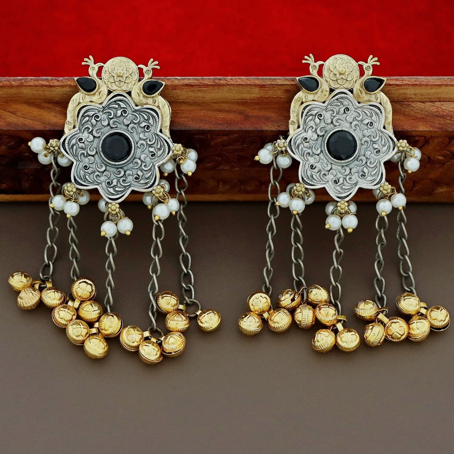 Cecilia Dual Tone Mayura Hanging Ghungroo Earring - Image 5
