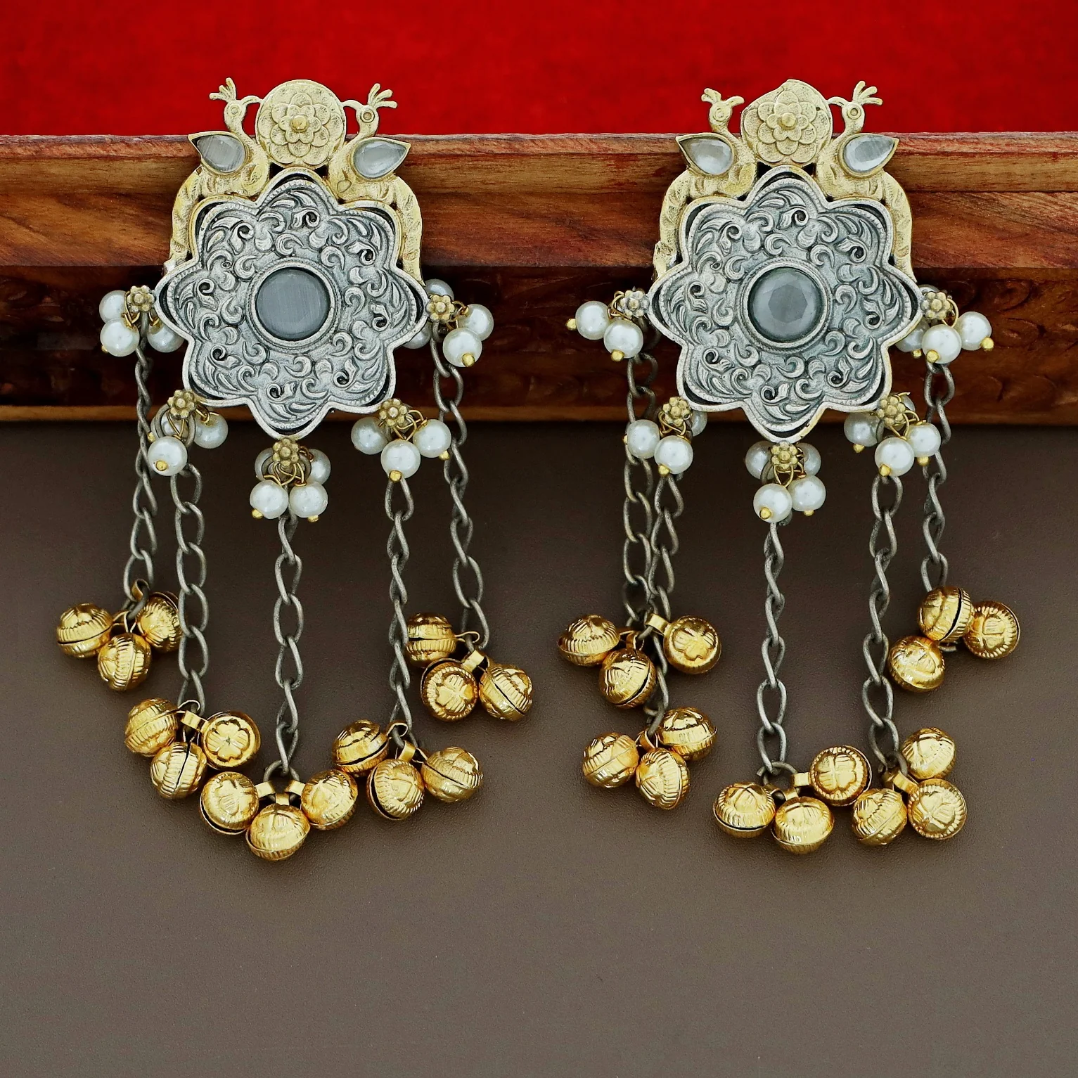 Cecilia Dual Tone Mayura Hanging Ghungroo Earring - Image 6