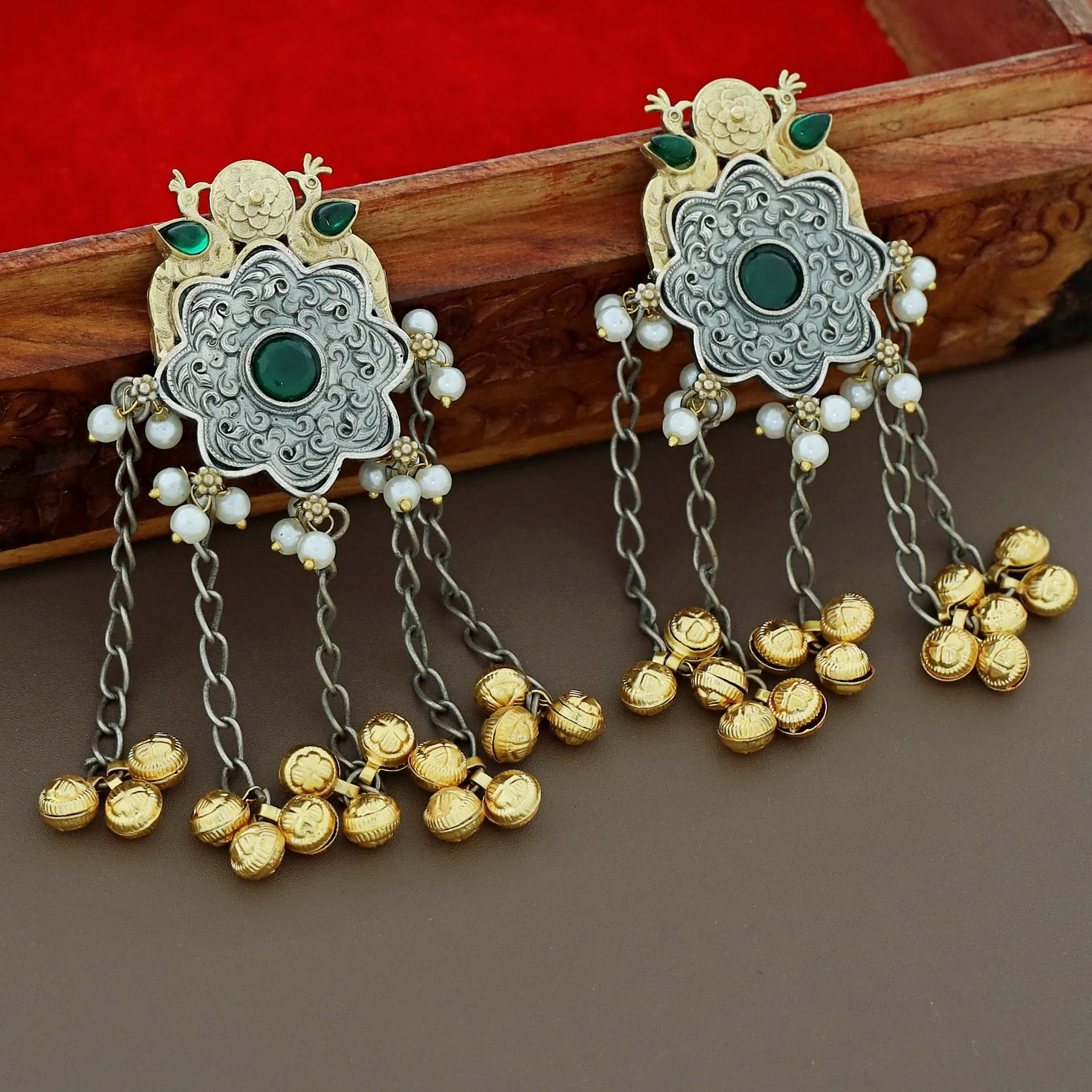 Cecilia Dual Tone Mayura Hanging Ghungroo Earring - Image 7