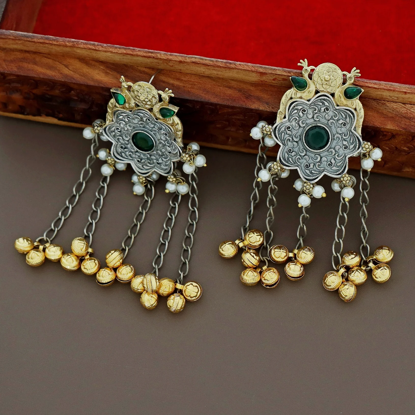 Cecilia Dual Tone Mayura Hanging Ghungroo Earring - Image 8
