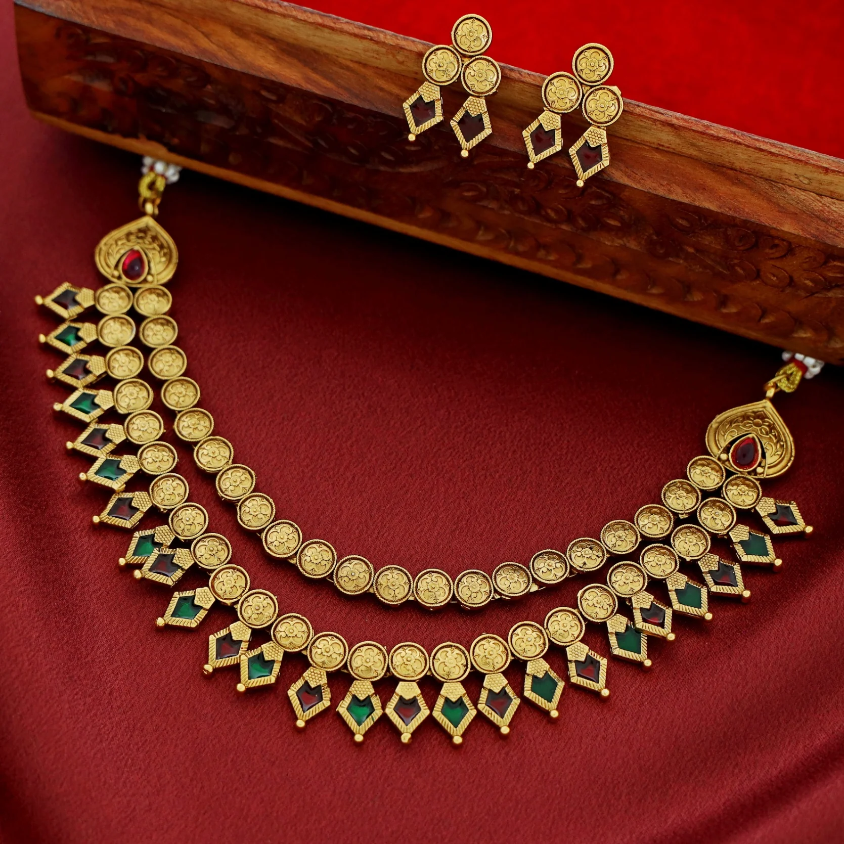 Charita 2 Layer Enamel Palakka Short Neckpiece With Earring - Image 10