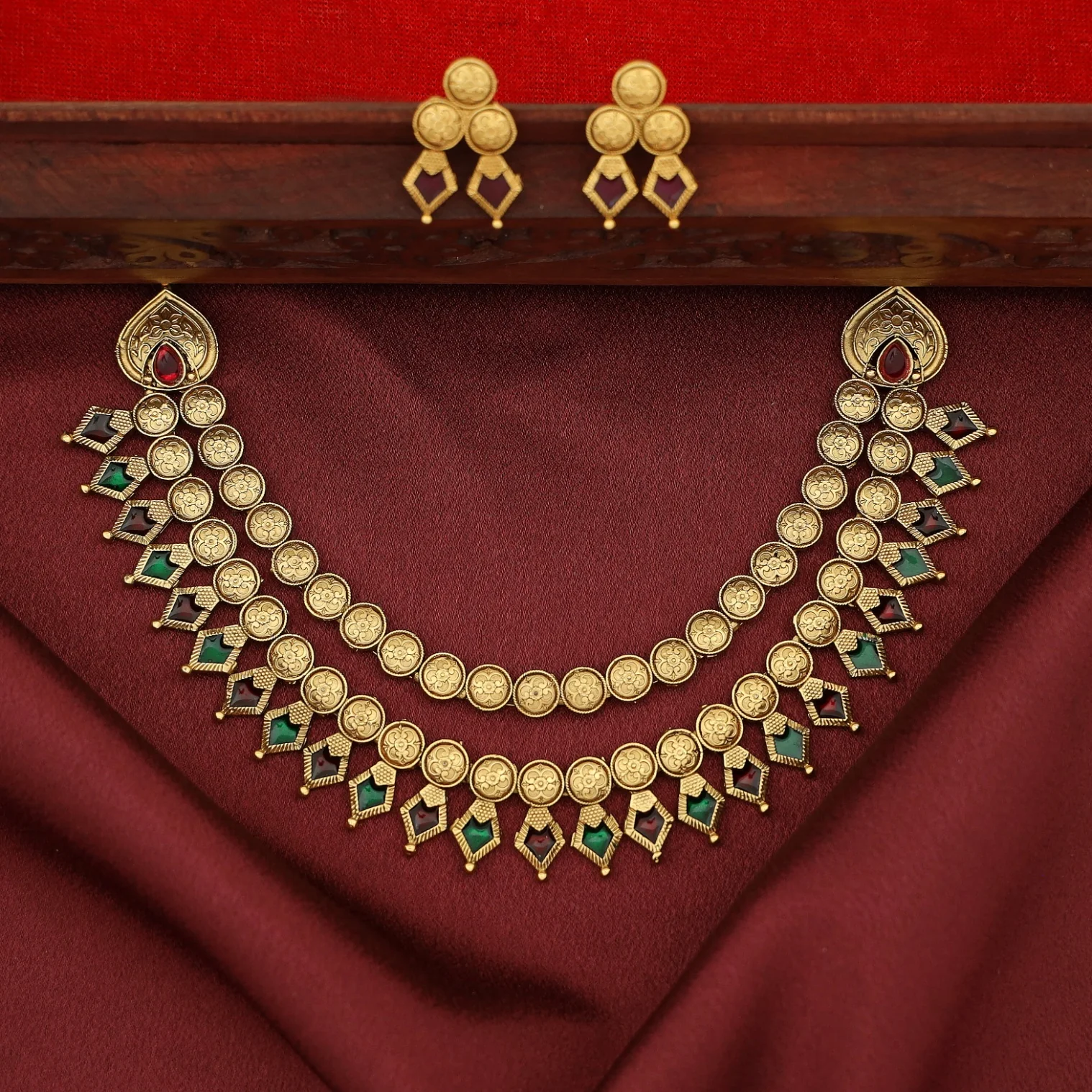 Charita 2 Layer Enamel Palakka Short Neckpiece With Earring - Image 13