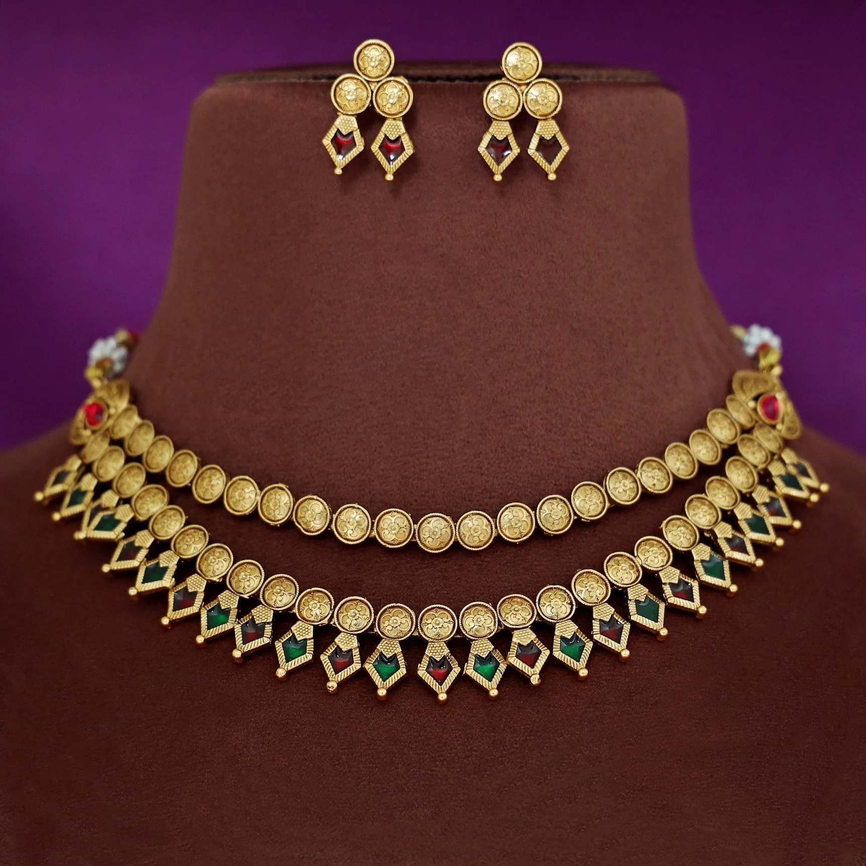 Charita 2 Layer Enamel Palakka Short Neckpiece With Earring - Image 2