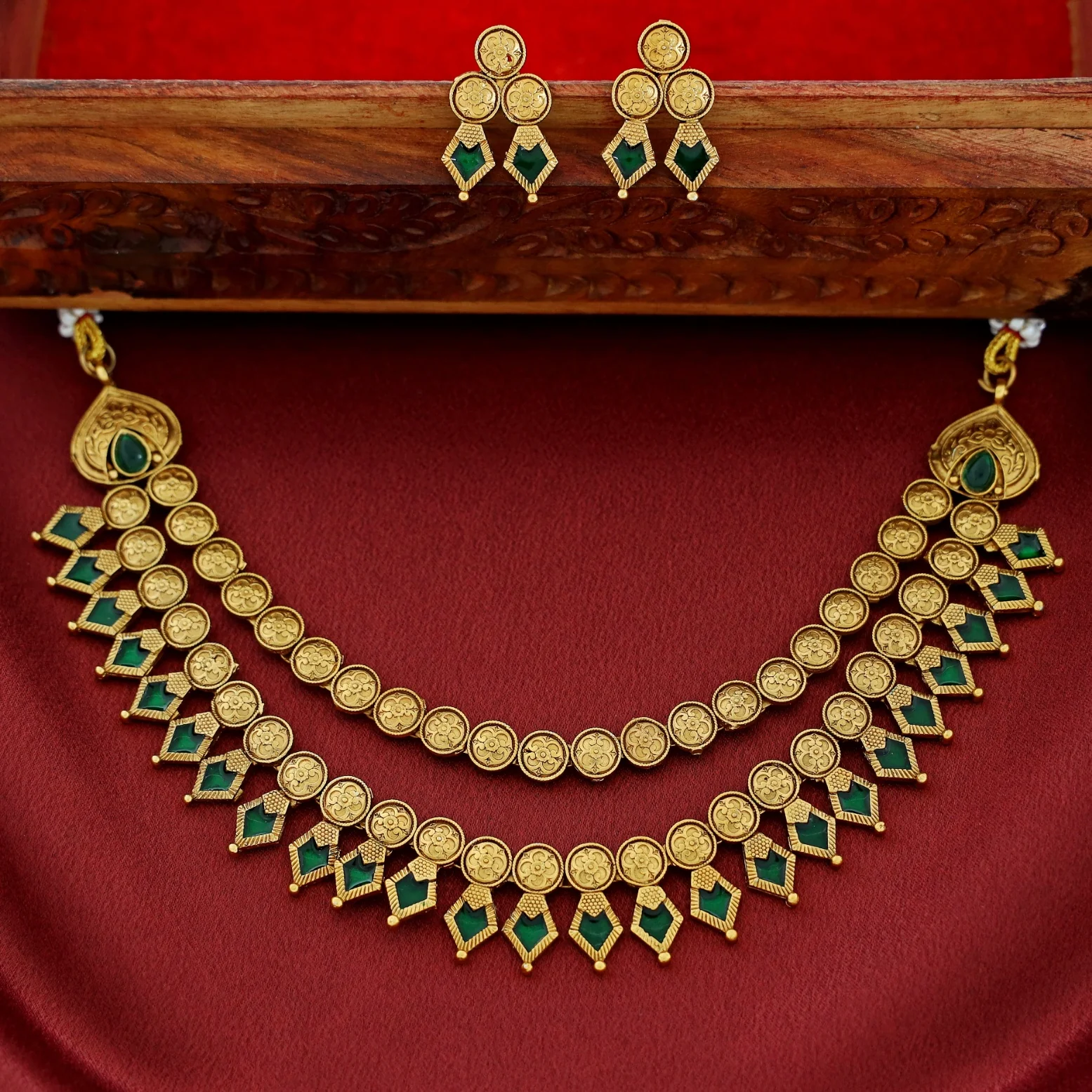 Charita 2 Layer Enamel Palakka Short Neckpiece With Earring - Image 3