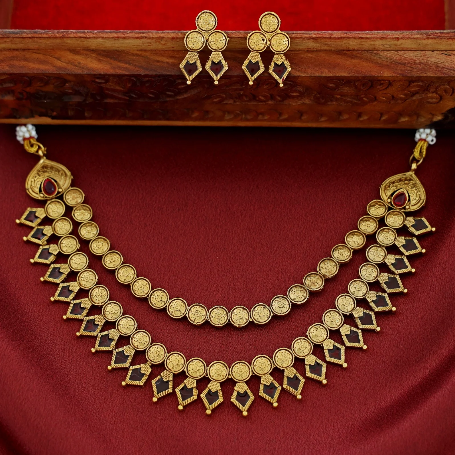 Charita 2 Layer Enamel Palakka Short Neckpiece With Earring - Image 4