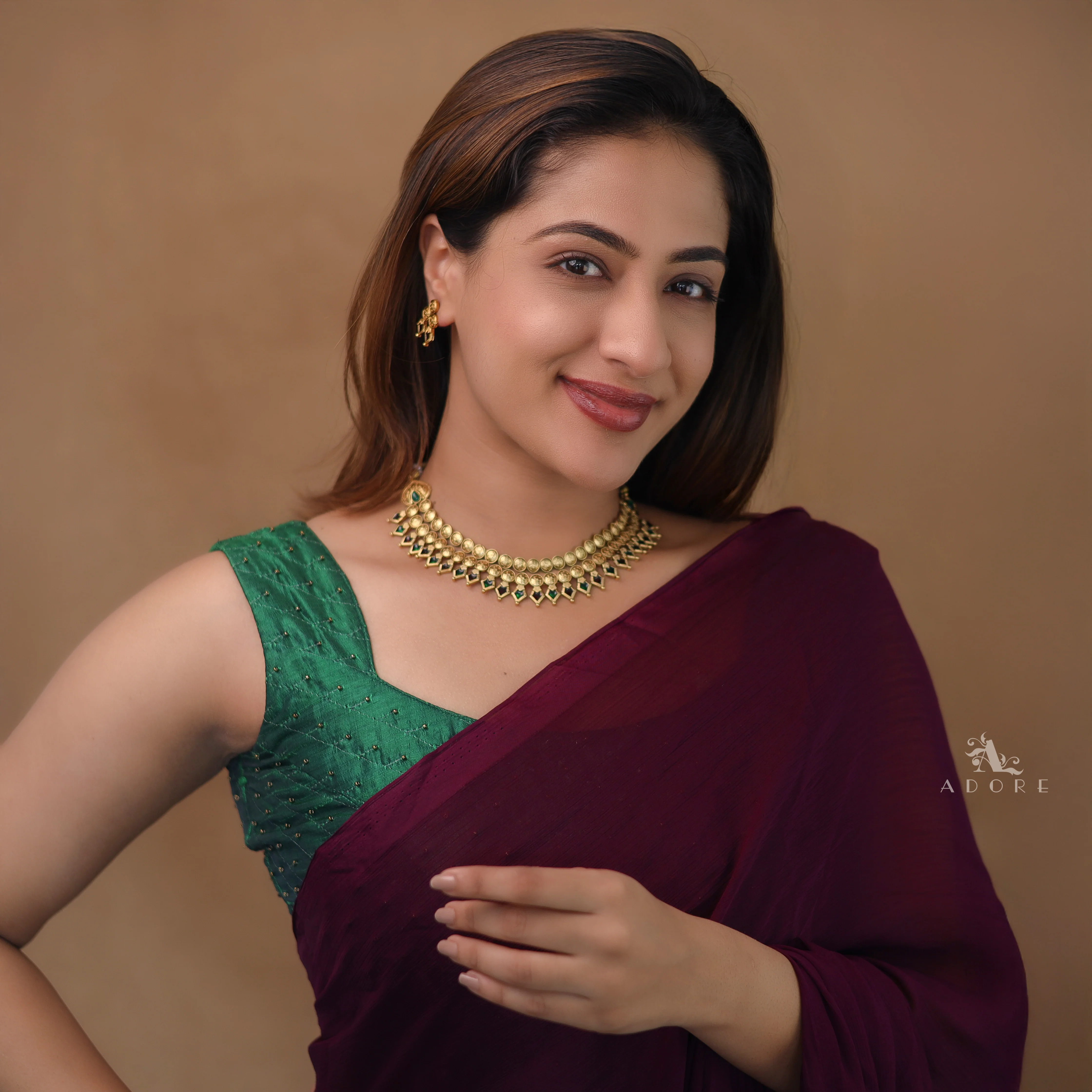Charita 2 Layer Enamel Palakka Short Neckpiece With Earring - Image 5