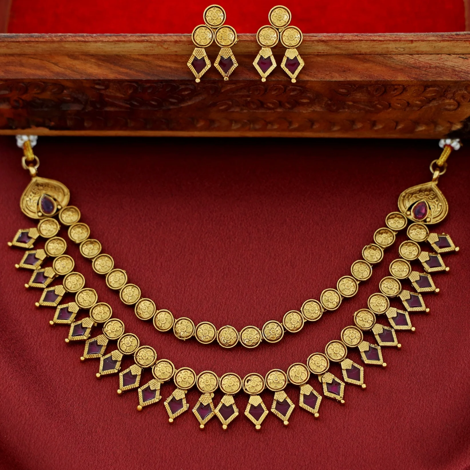 Charita 2 Layer Enamel Palakka Short Neckpiece With Earring - Image 6