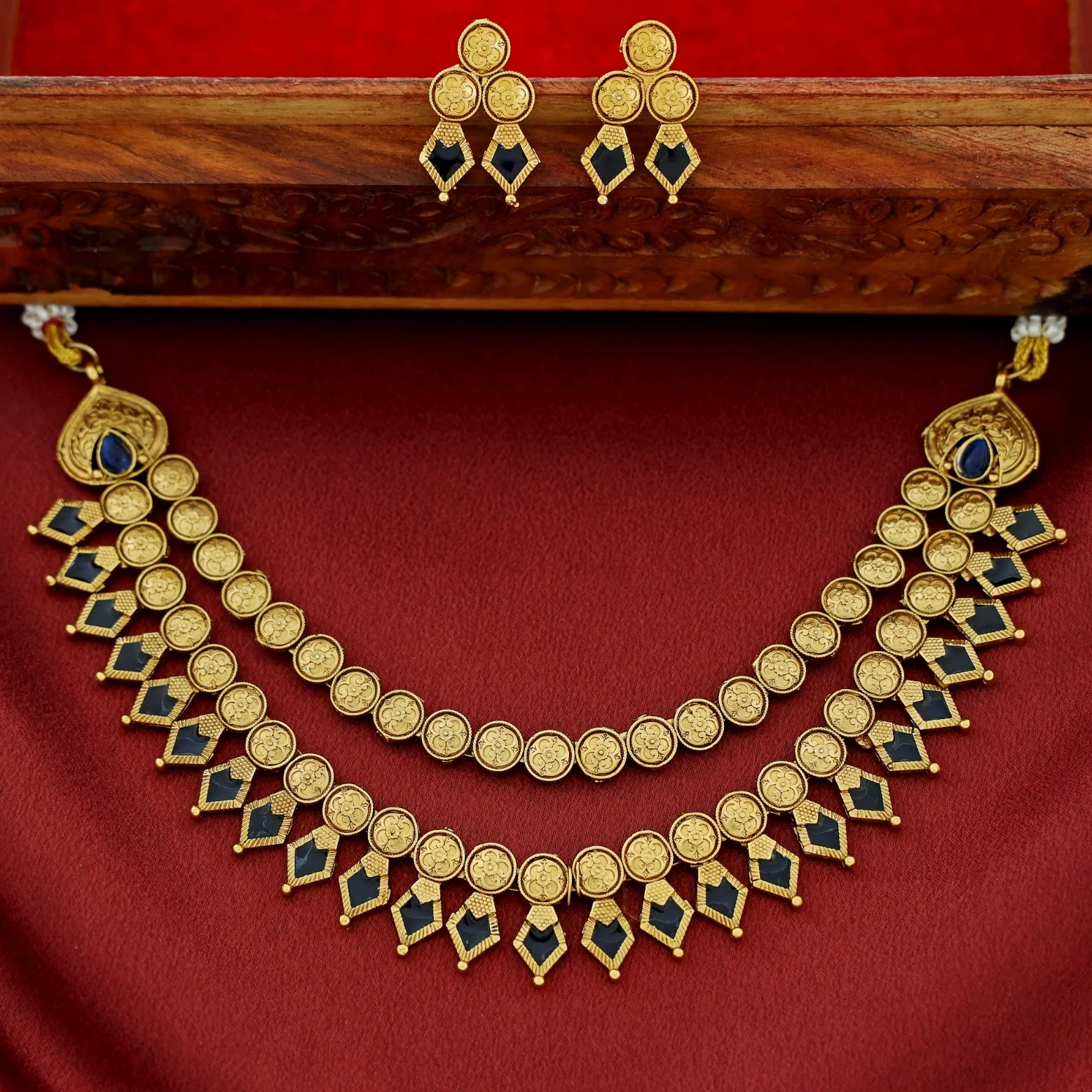 Charita 2 Layer Enamel Palakka Short Neckpiece With Earring - Image 7