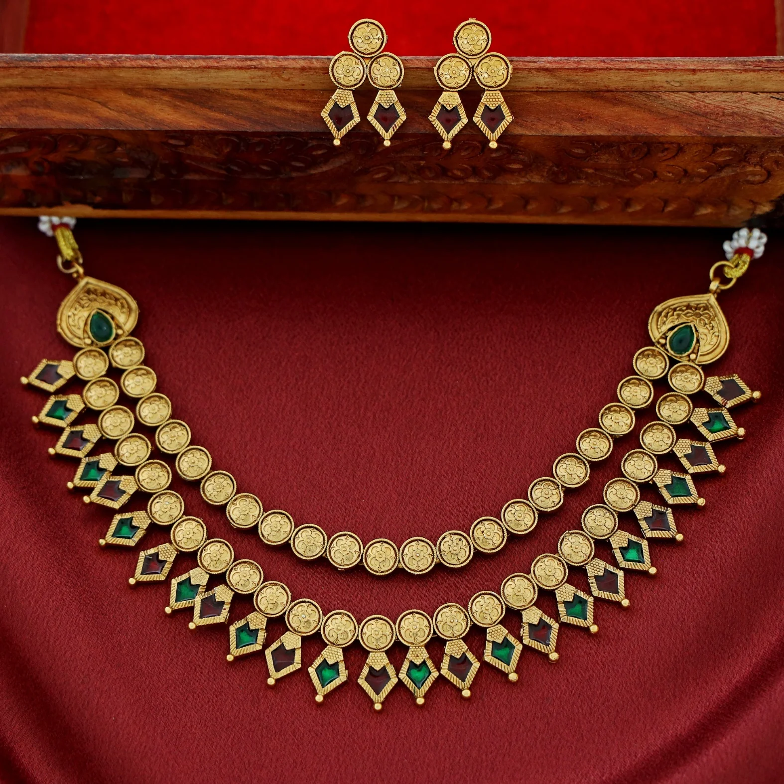 Charita 2 Layer Enamel Palakka Short Neckpiece With Earring - Image 8