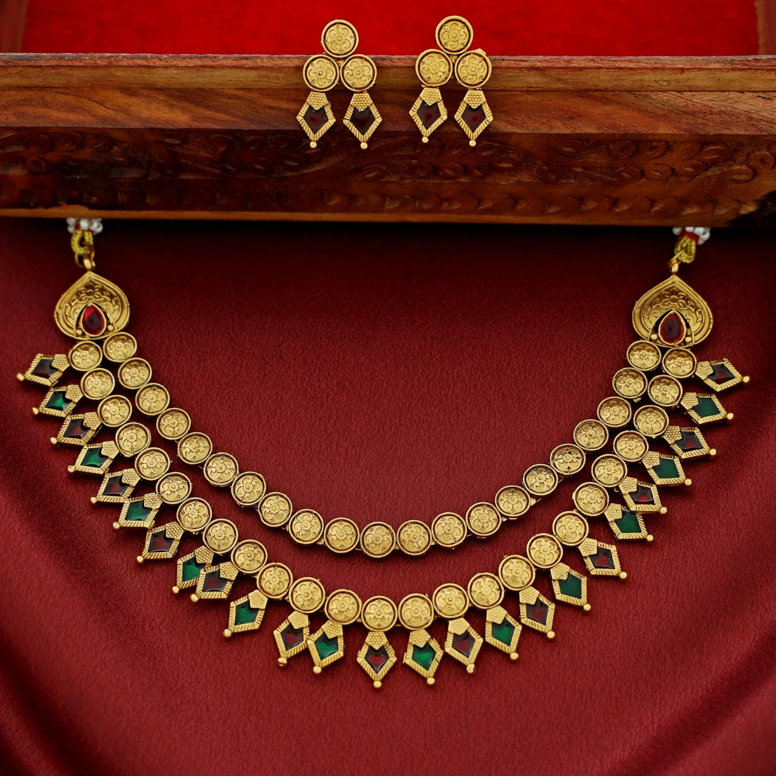 Charita 2 Layer Enamel Palakka Short Neckpiece With Earring - Image 9