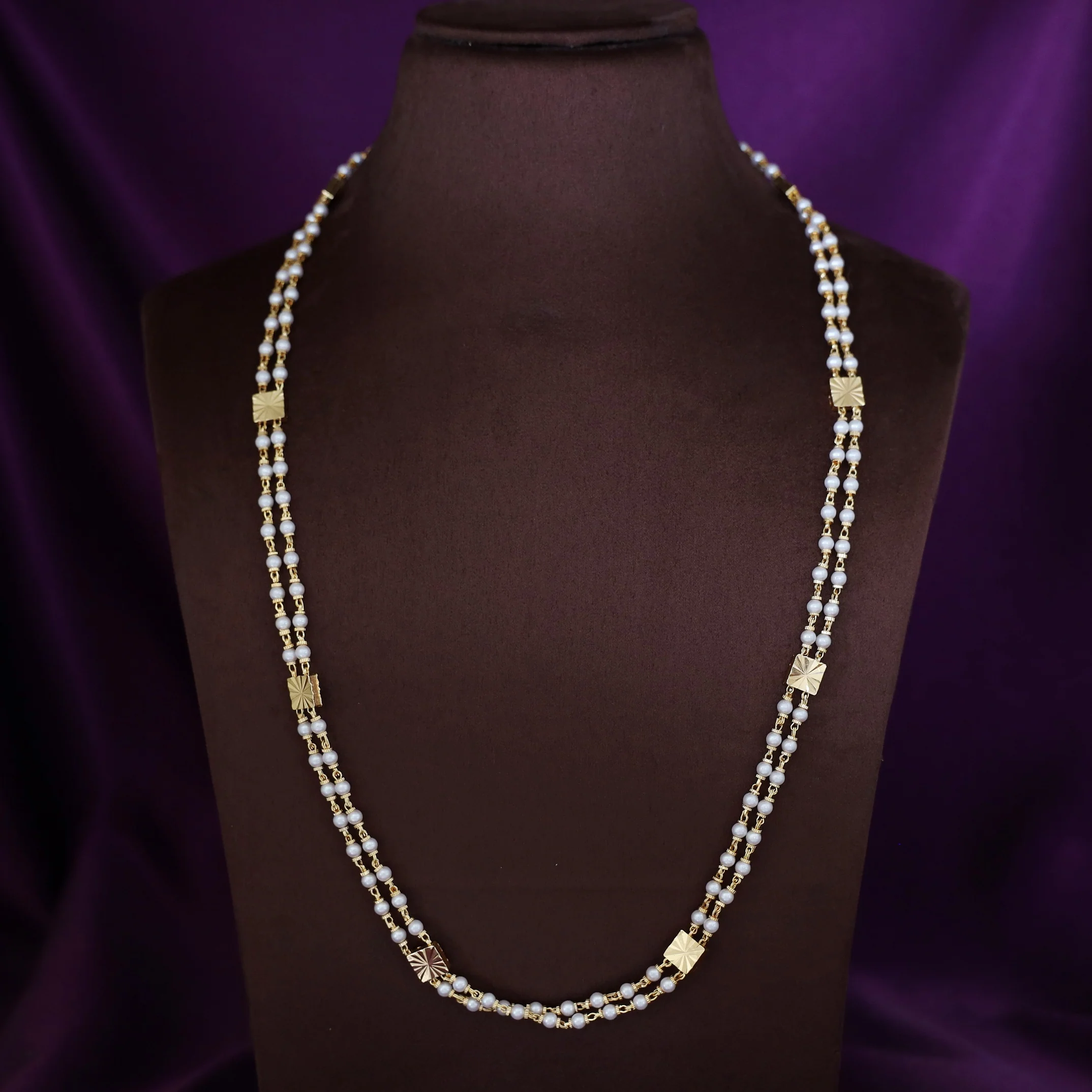 Charita Golden Square 2 Layer Beaded Long Neckpiece - Image 2