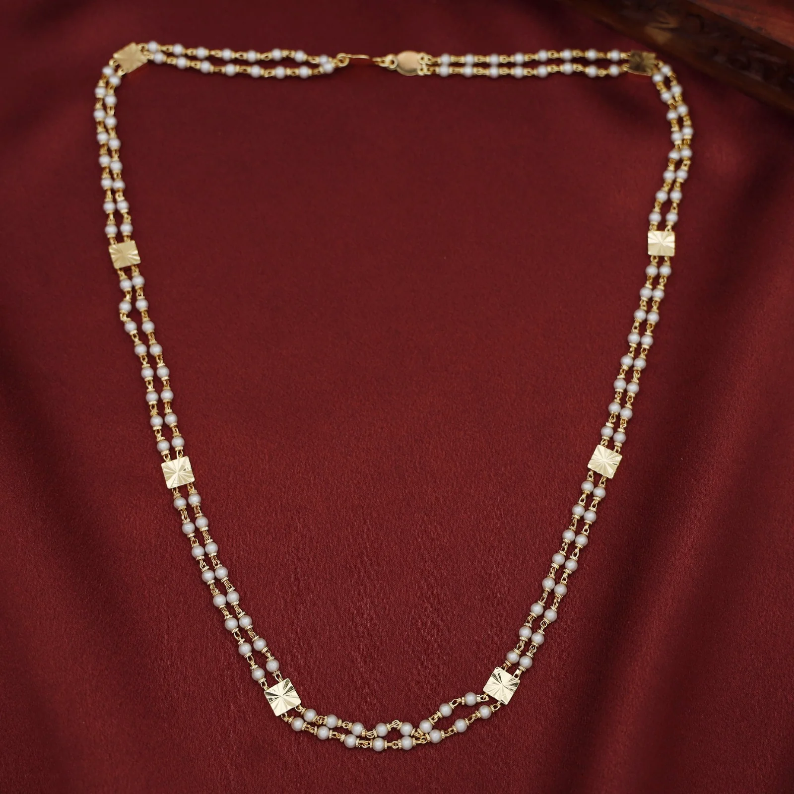 Charita Golden Square 2 Layer Beaded Long Neckpiece - Image 3