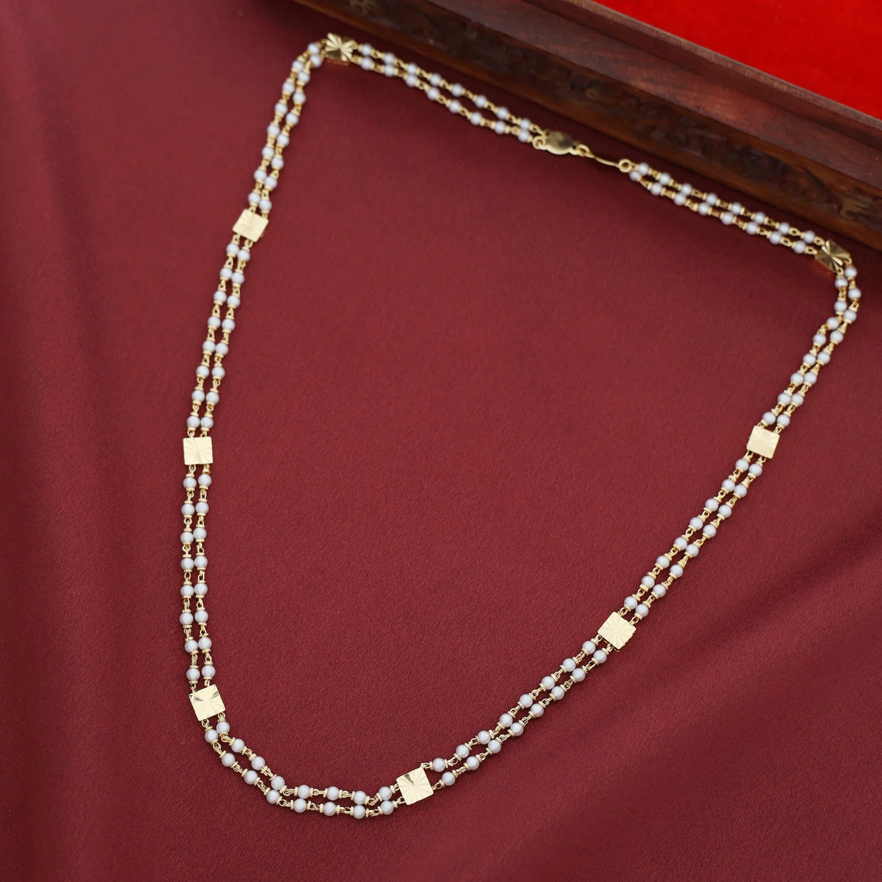 Charita Golden Square 2 Layer Beaded Long Neckpiece - Image 4