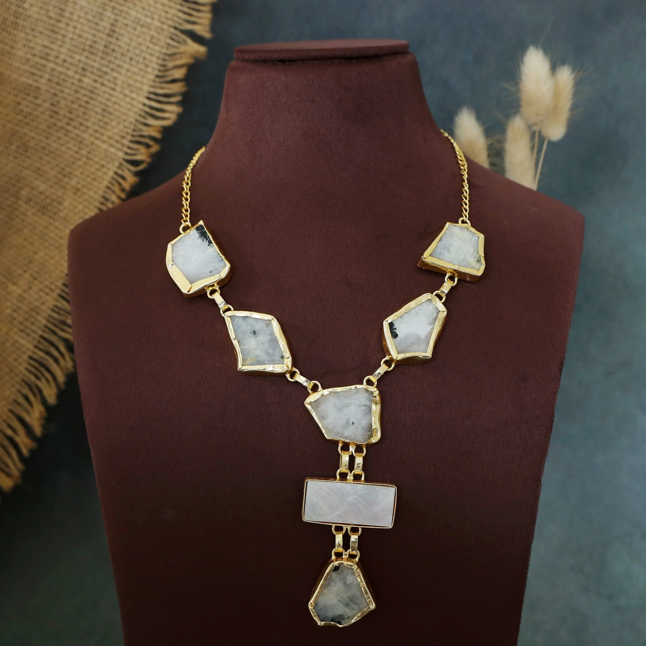 Charlize Raw Stone Rectangle MOP Long Neckpiece - Image 2