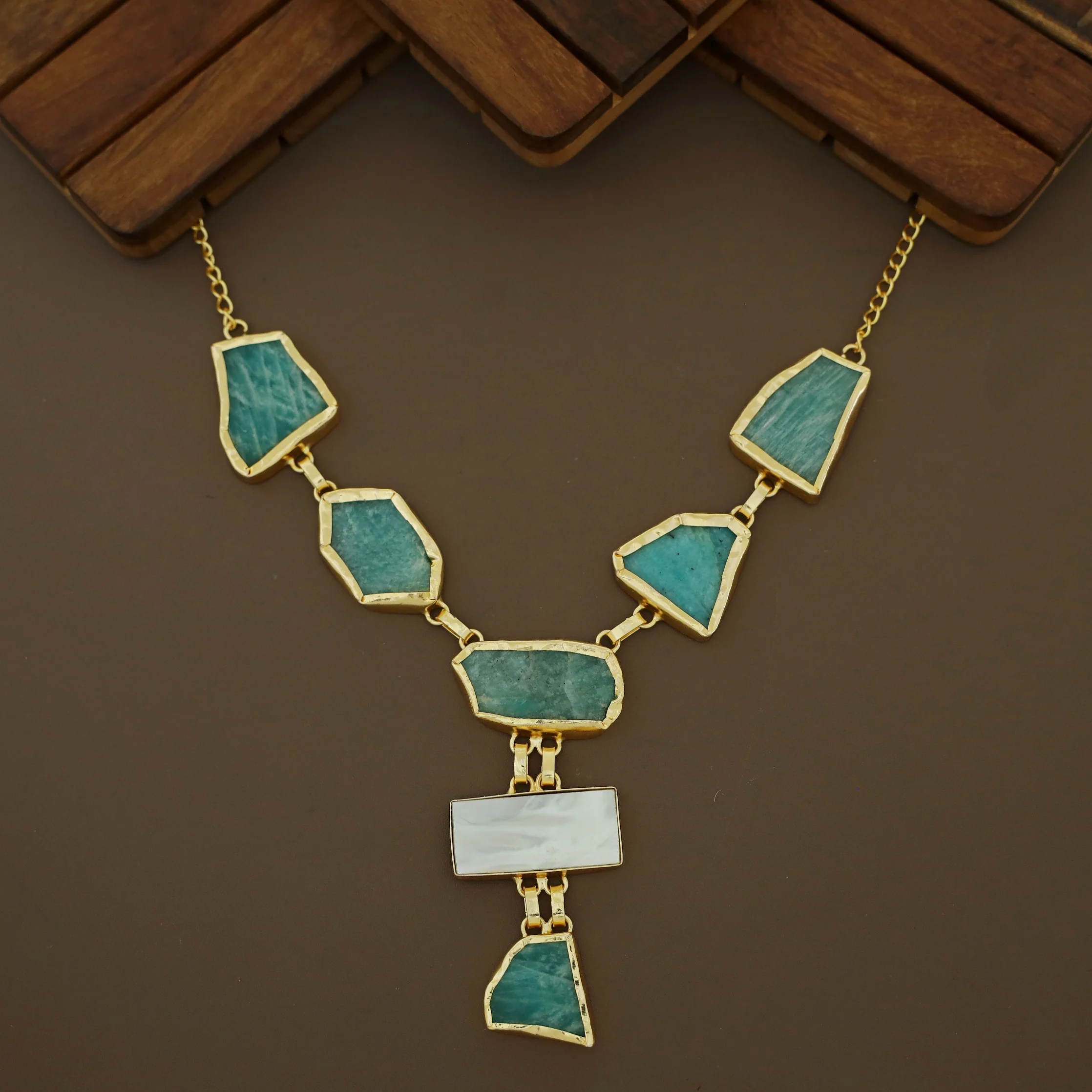 Charlize Raw Stone Rectangle MOP Long Neckpiece - Image 3
