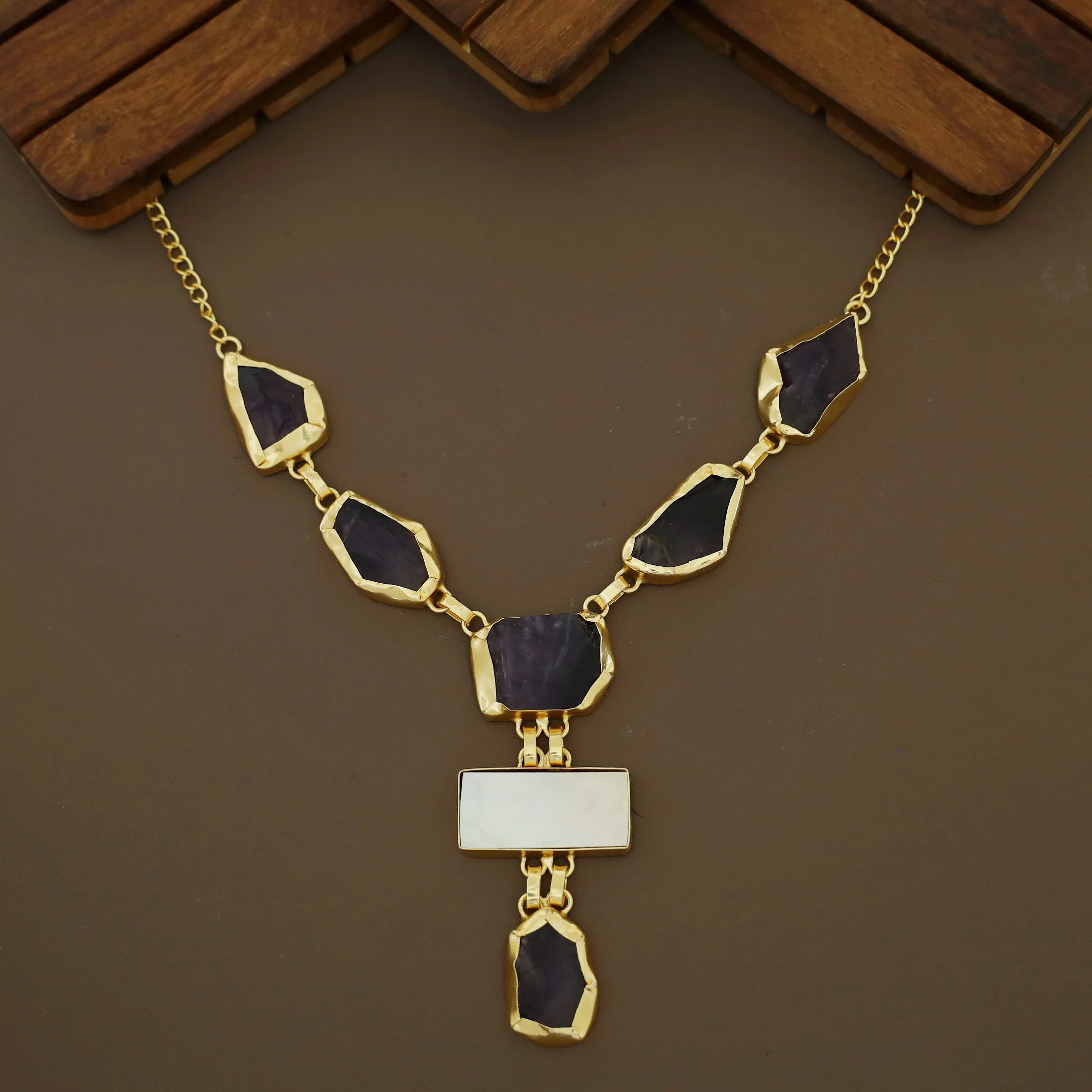 Charlize Raw Stone Rectangle MOP Long Neckpiece - Image 5