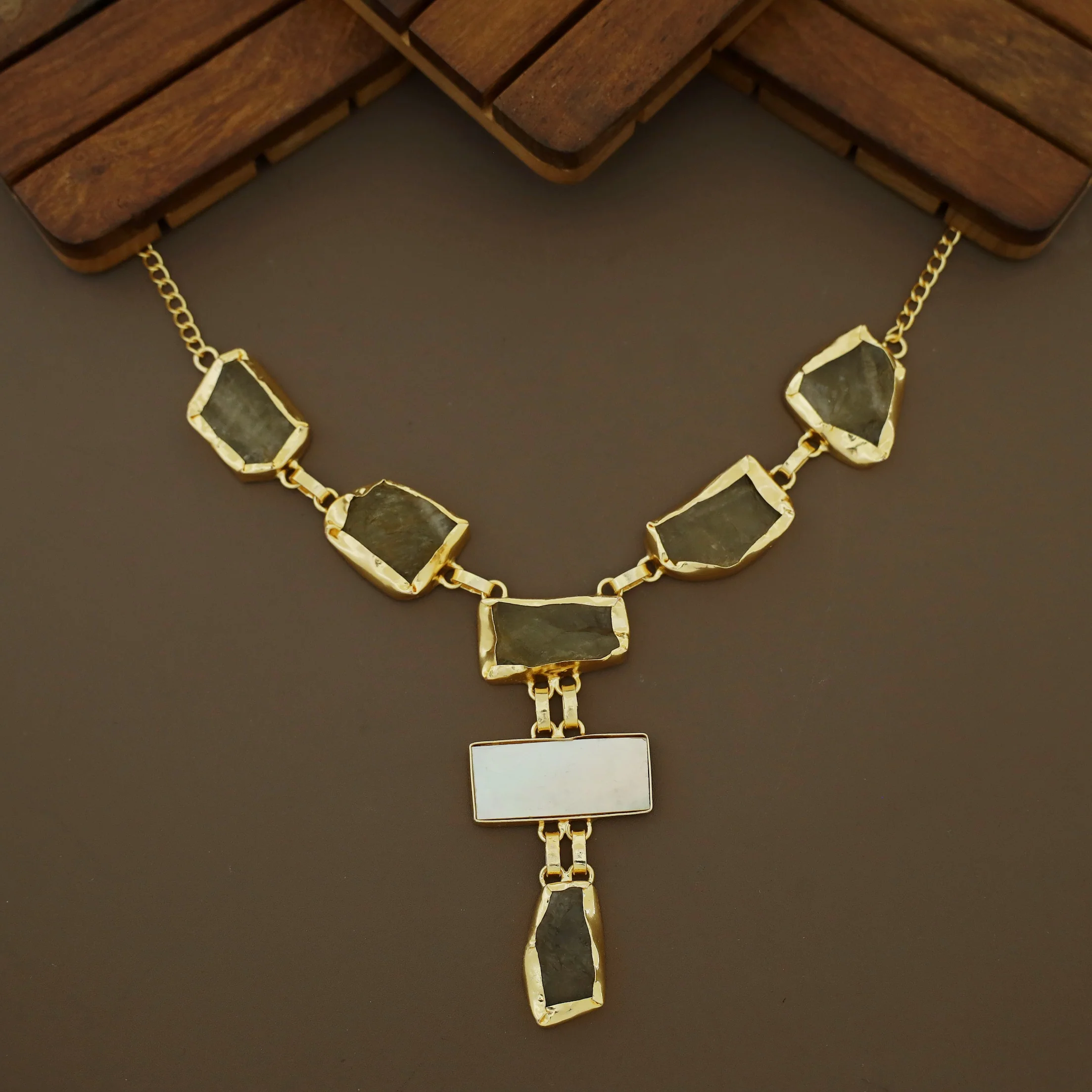 Charlize Raw Stone Rectangle MOP Long Neckpiece - Image 7