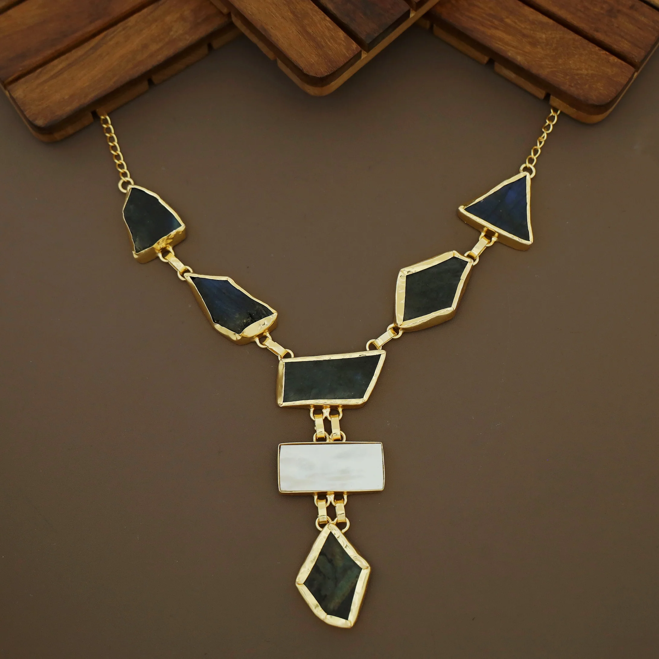 Charlize Raw Stone Rectangle MOP Long Neckpiece - Image 8