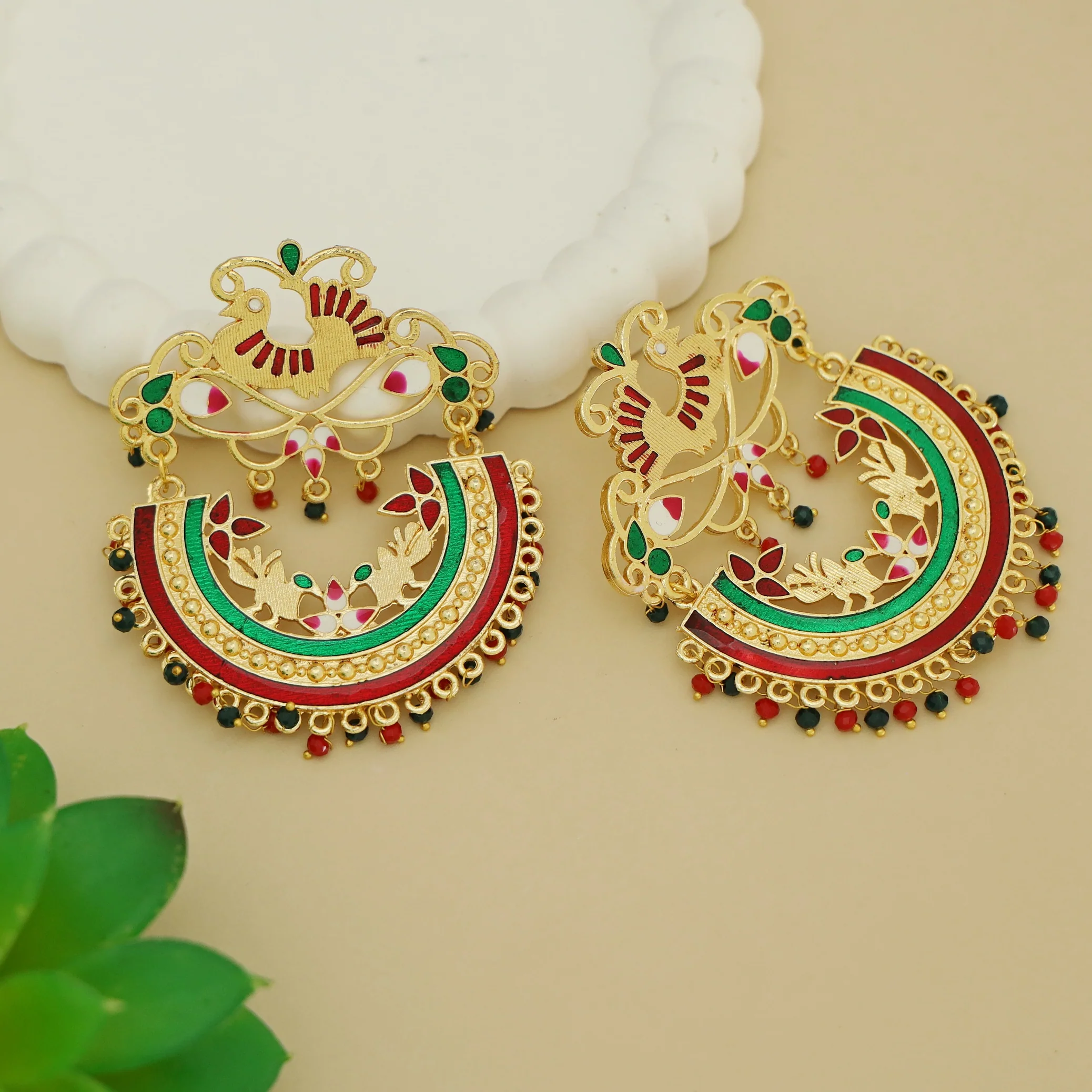 Chinta Hand Painted Bird Chandbali Earring - Image 2