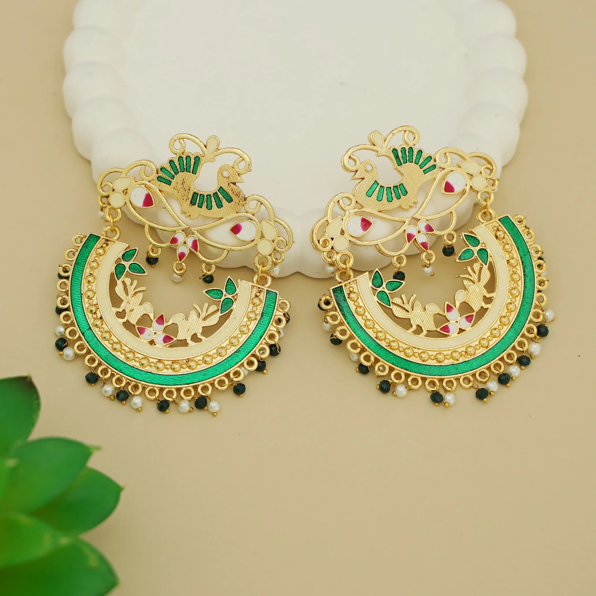 Chinta Hand Painted Bird Chandbali Earring - Image 3