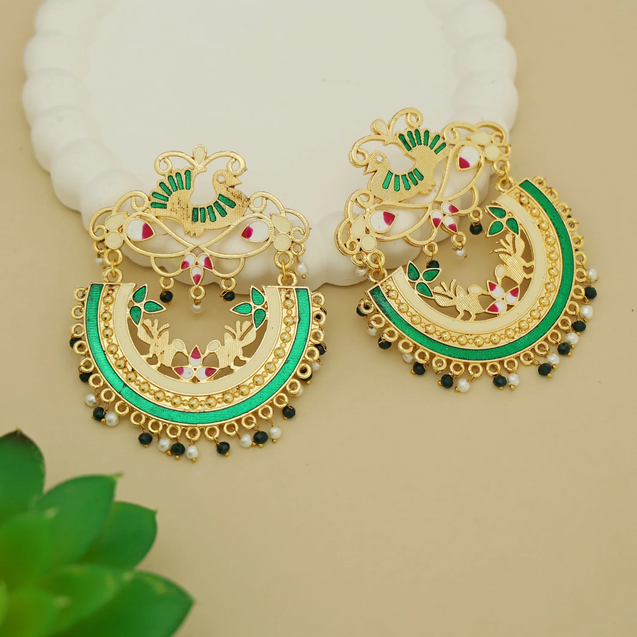 Chinta Hand Painted Bird Chandbali Earring - Image 4