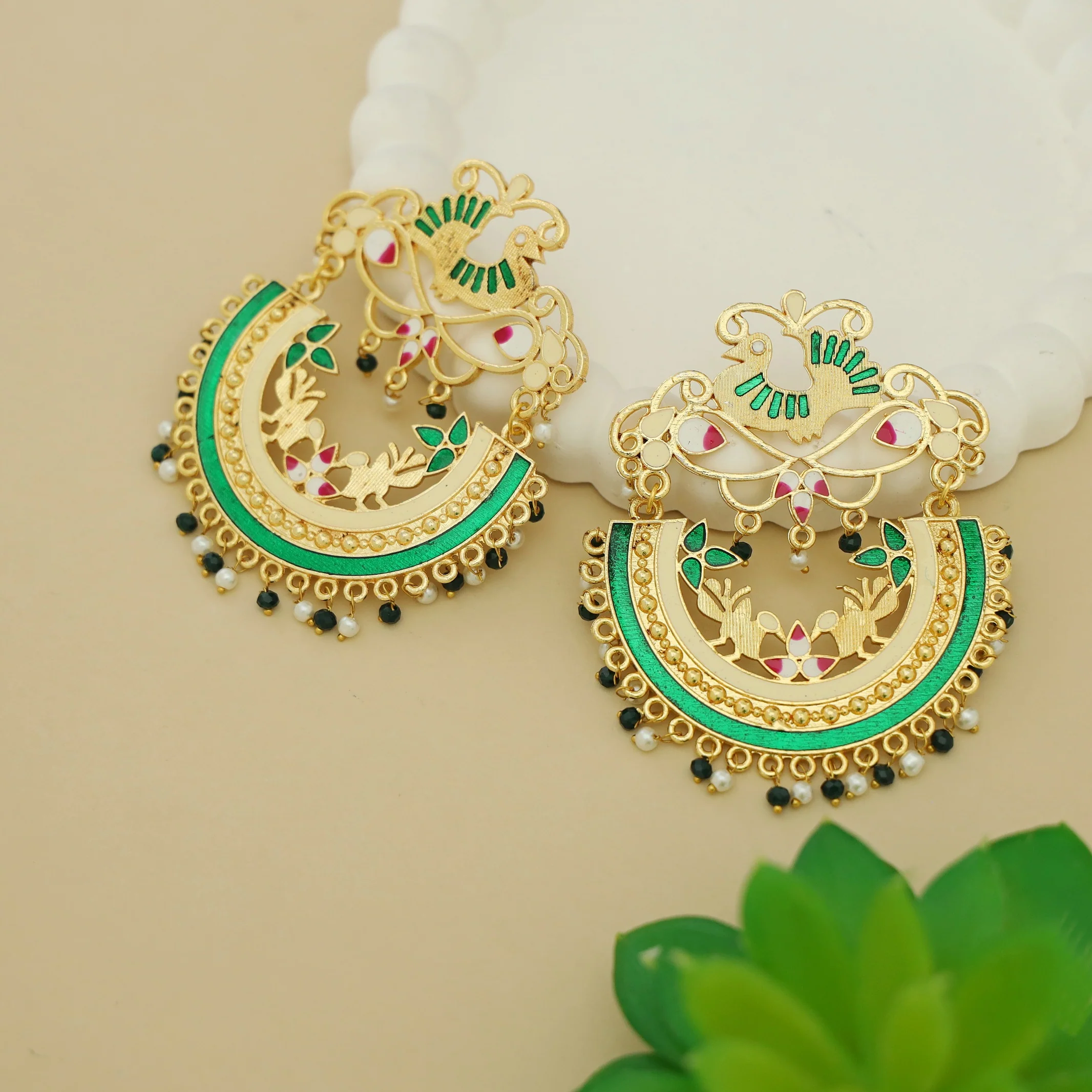 Chinta Hand Painted Bird Chandbali Earring - Image 5