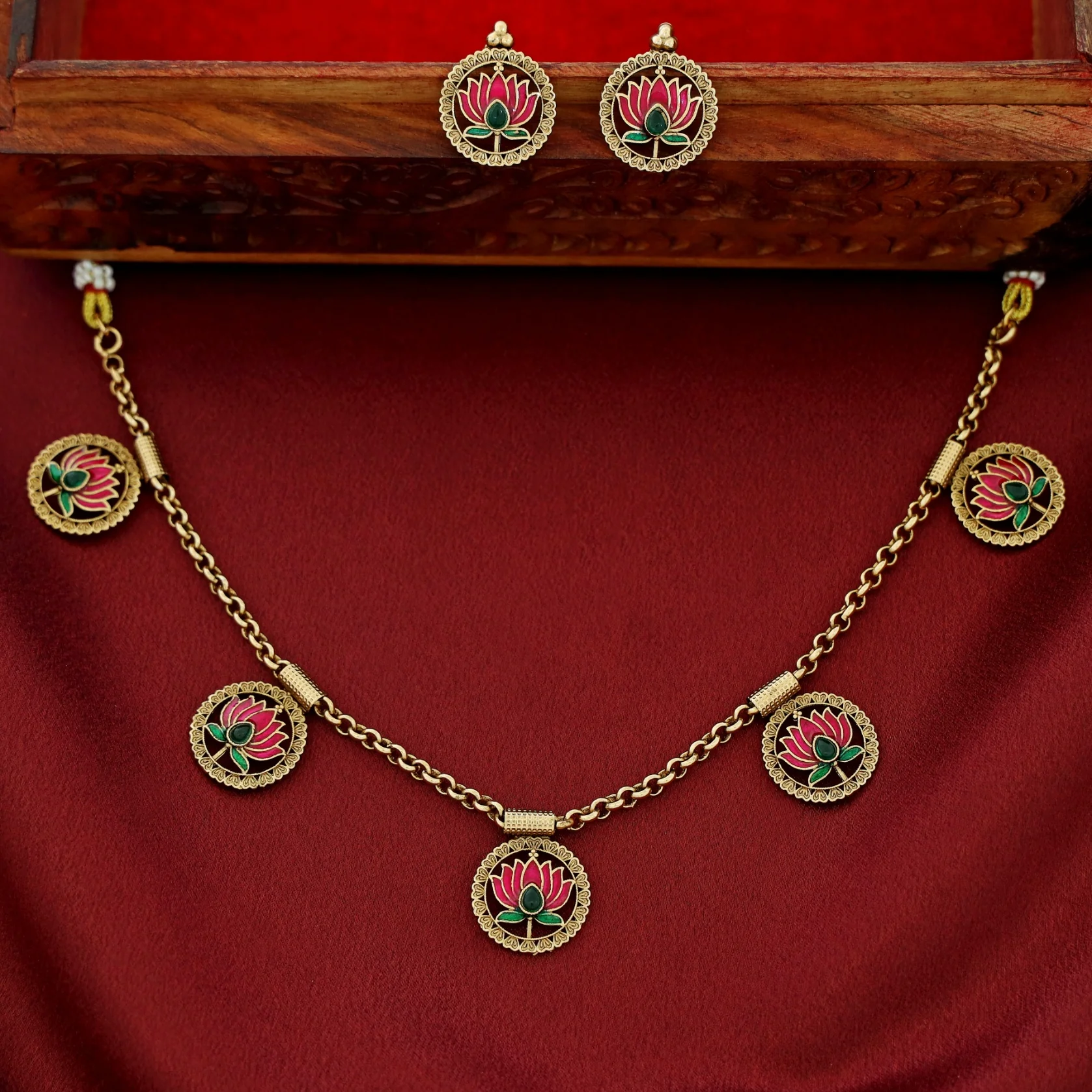 Advaita Circle Enamel Lotus Neckpiece With Earring - Image 2