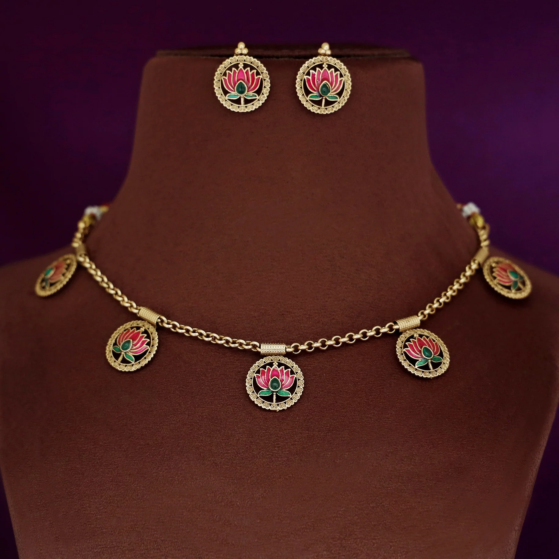 Advaita Circle Enamel Lotus Neckpiece With Earring - Image 4