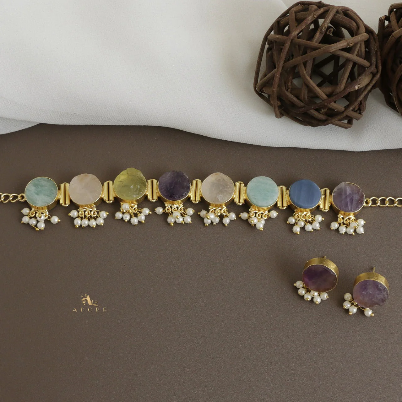 Multicolour Alessandra Raw Stone Pearl Choker With Stud - Image 10
