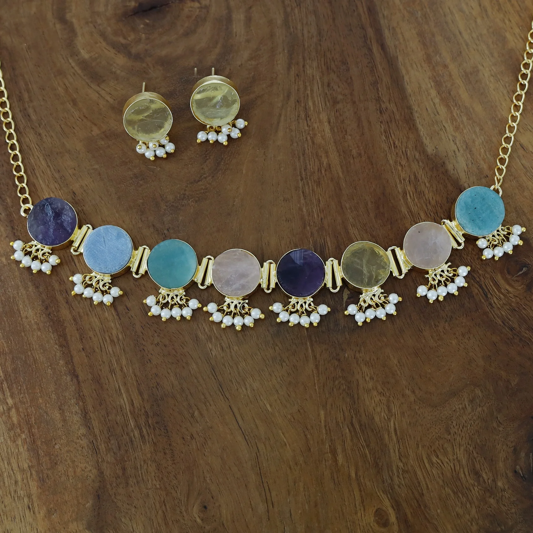 Multicolour Alessandra Raw Stone Pearl Choker With Stud - Image 12