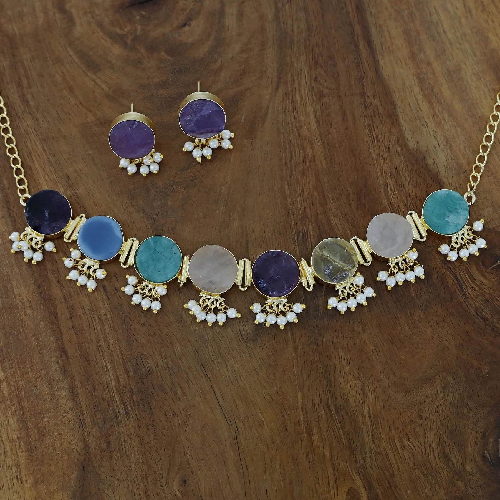 Multicolour Alessandra Raw Stone Pearl Choker With Stud - Image 2
