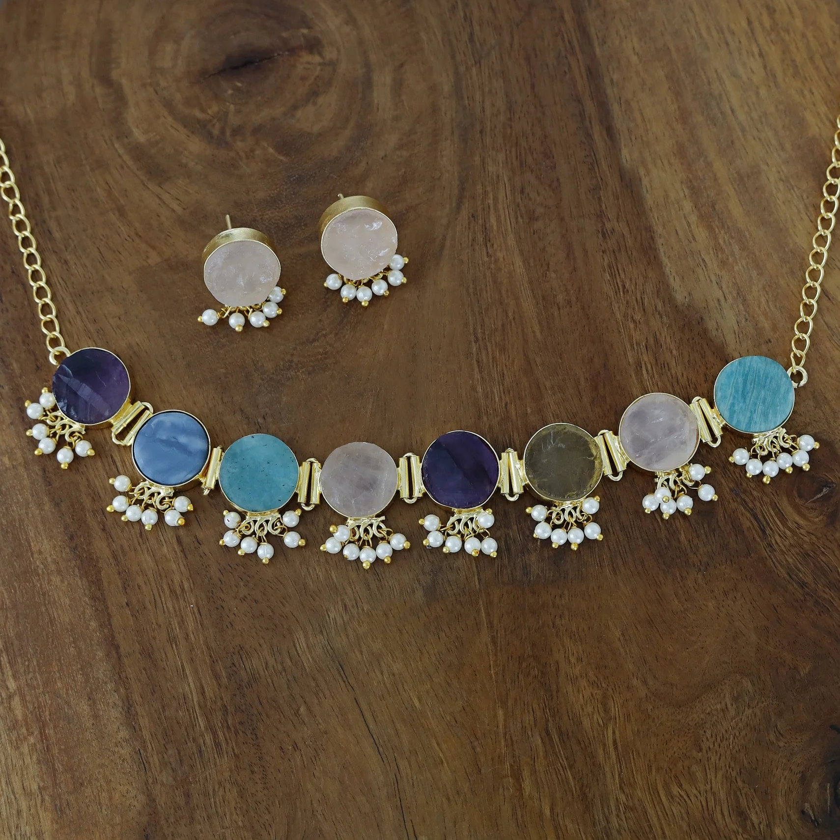 Multicolour Alessandra Raw Stone Pearl Choker With Stud - Image 3
