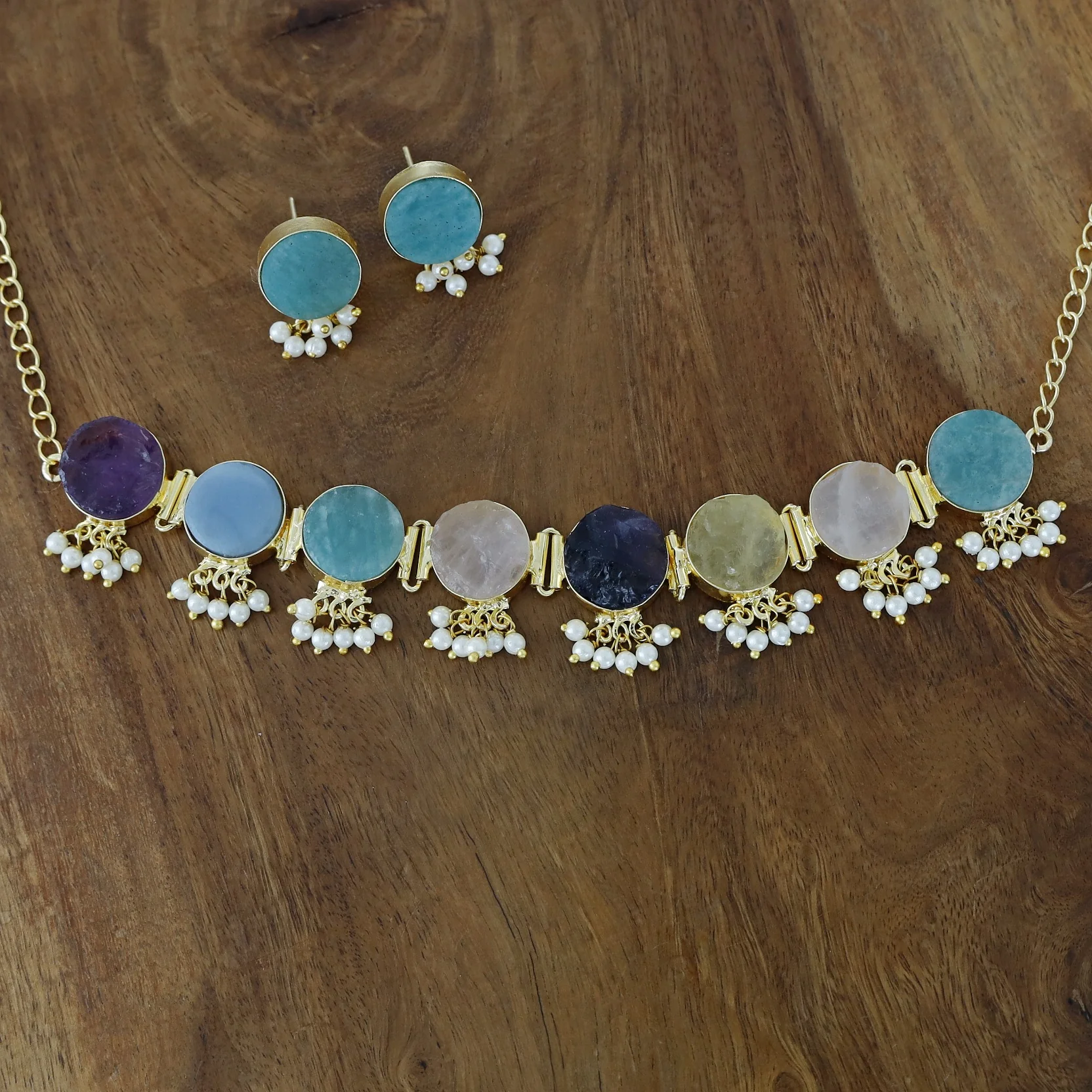 Multicolour Alessandra Raw Stone Pearl Choker With Stud - Image 4