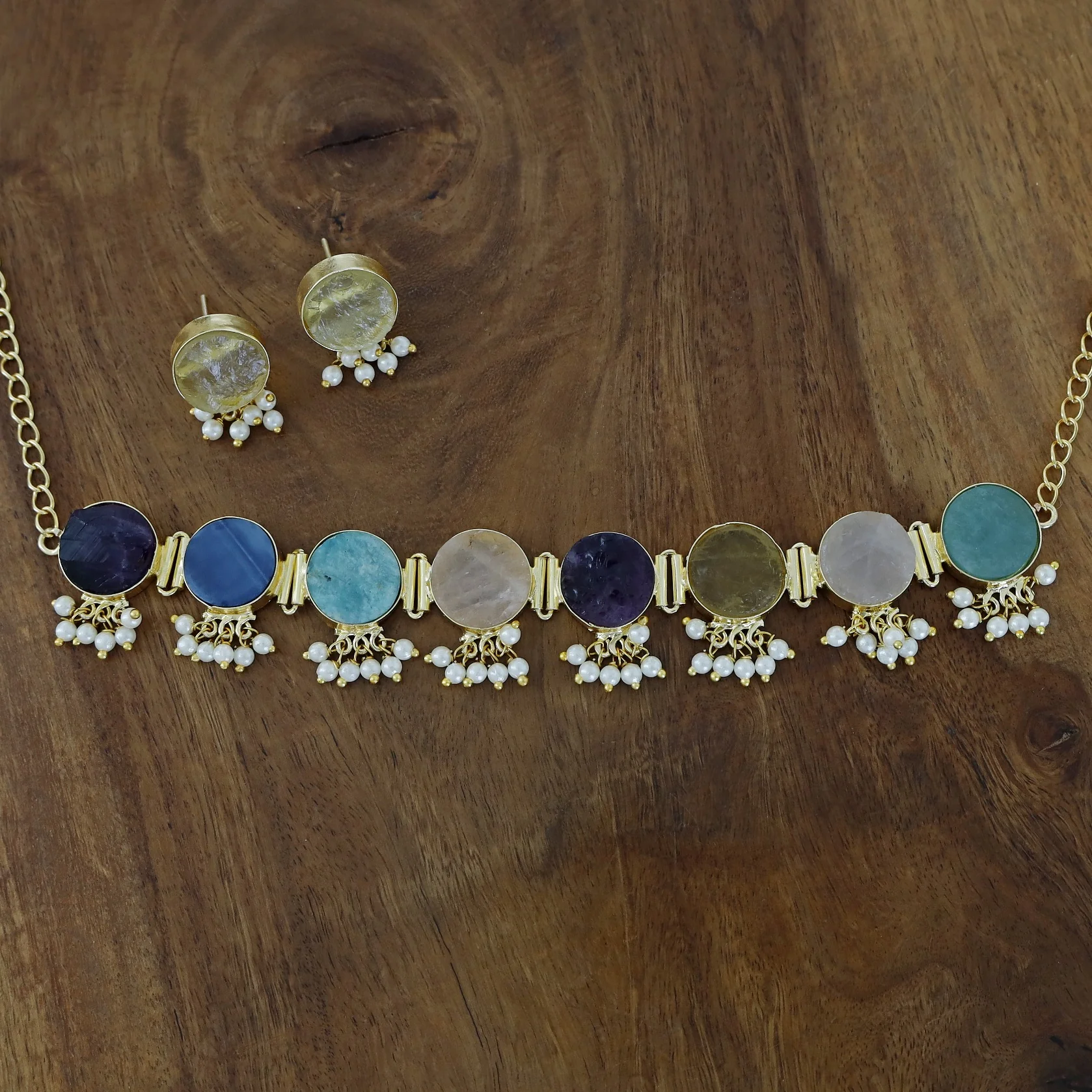 Multicolour Alessandra Raw Stone Pearl Choker With Stud - Image 5