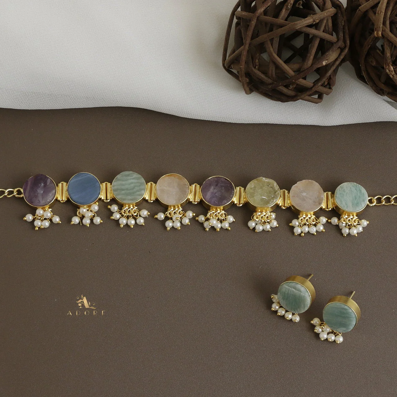 Multicolour Alessandra Raw Stone Pearl Choker With Stud - Image 7