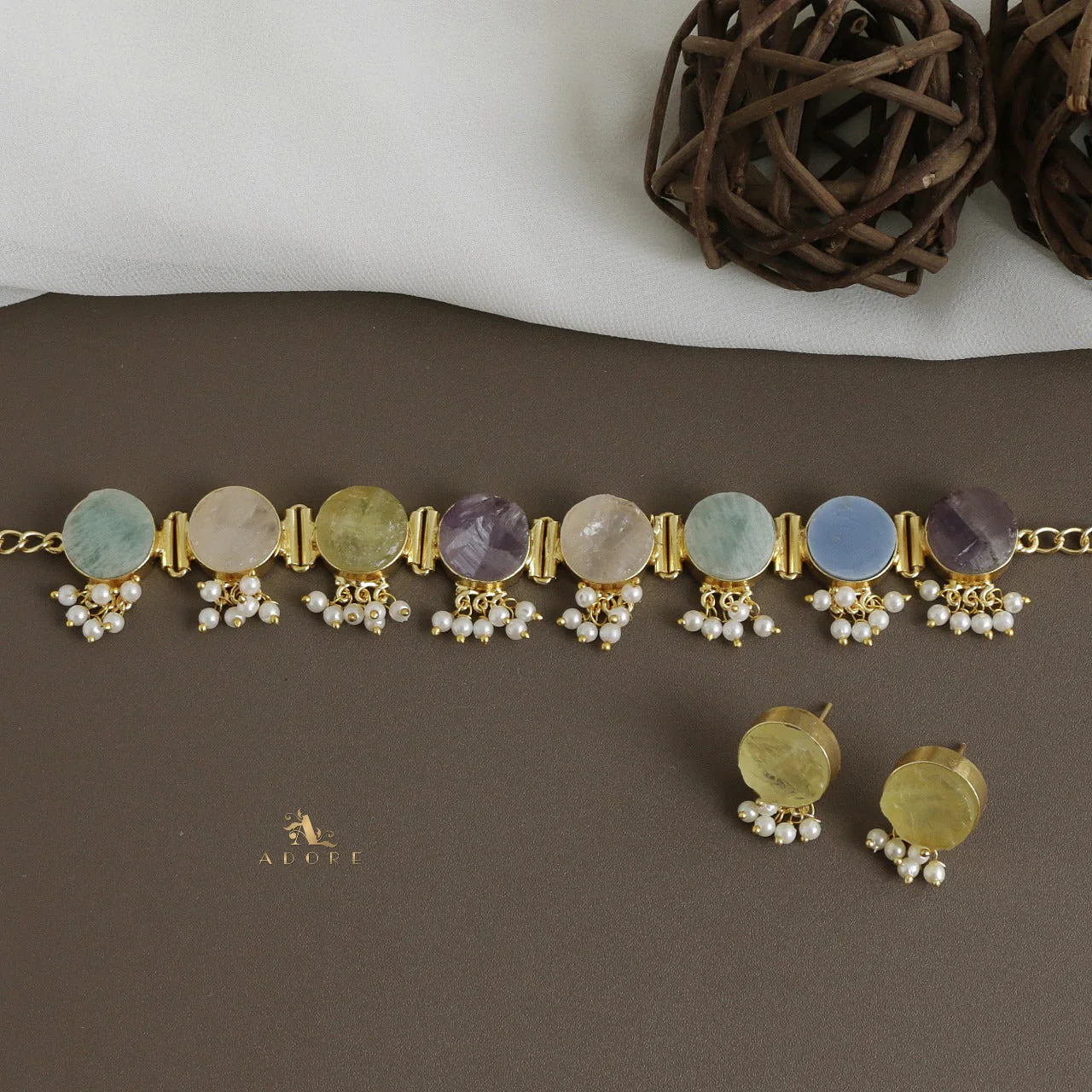 Multicolour Alessandra Raw Stone Pearl Choker With Stud - Image 8