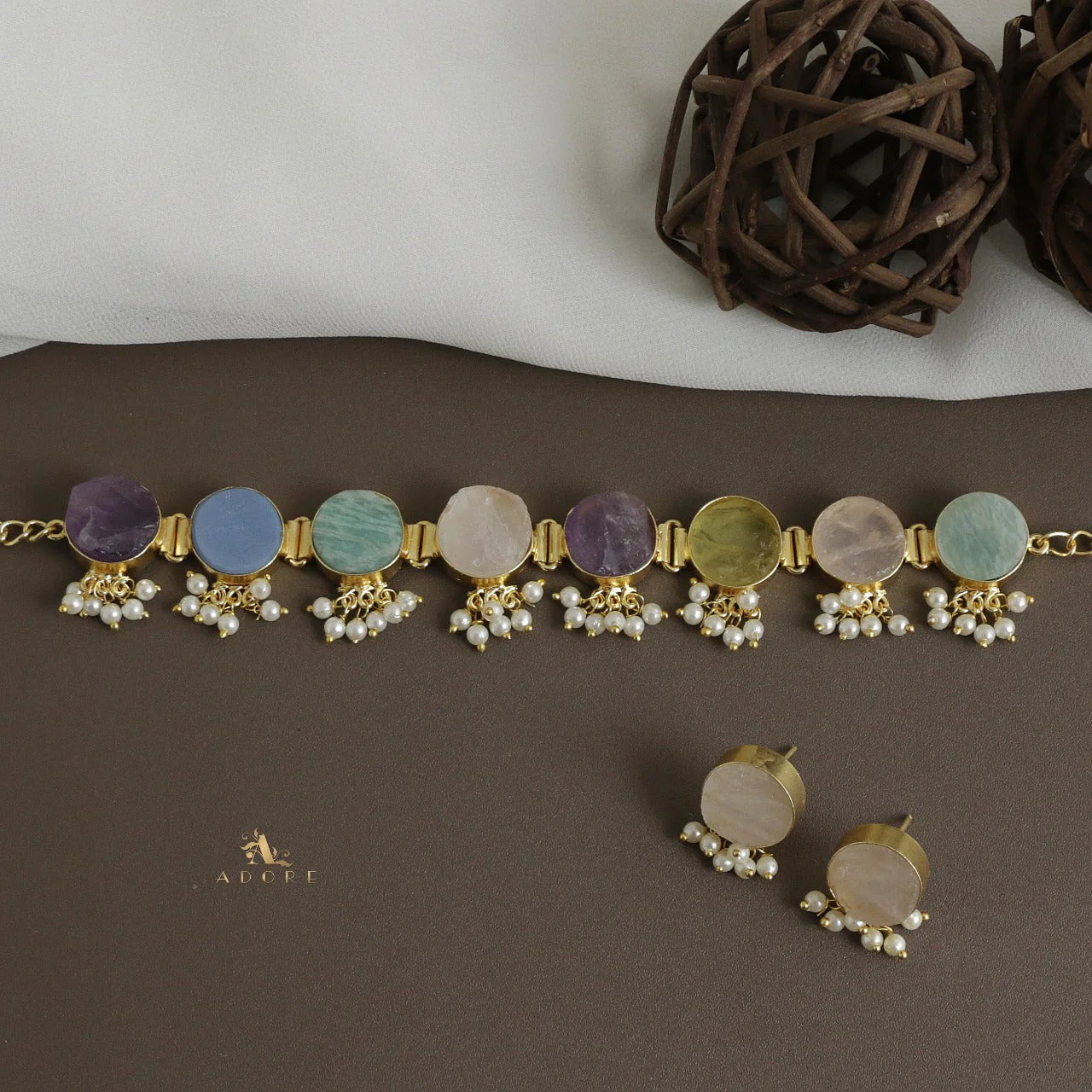 Multicolour Alessandra Raw Stone Pearl Choker With Stud - Image 9
