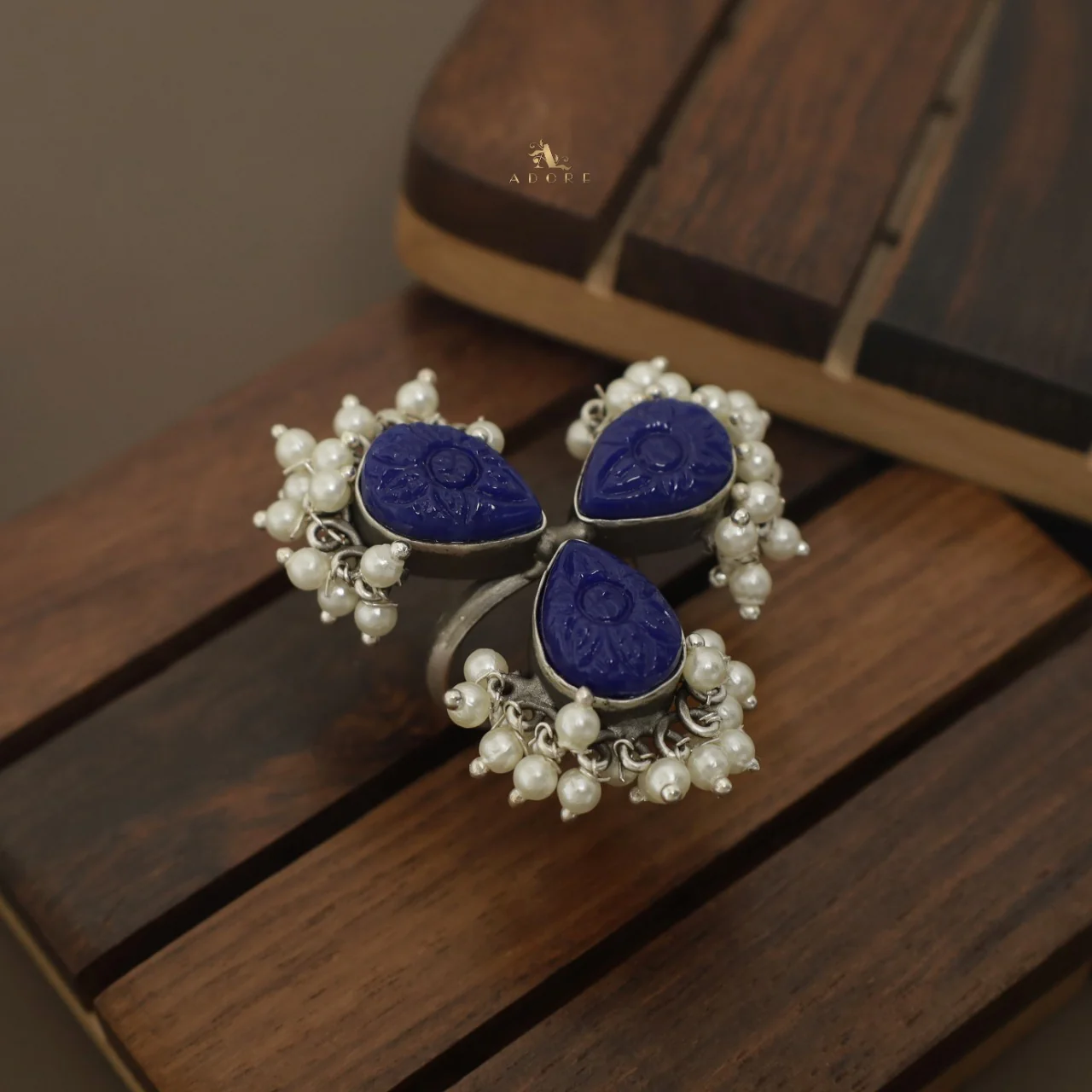 Daxa Carved 3 Petal Cluster Pearl Ring ( Rust Finish ) - Image 3