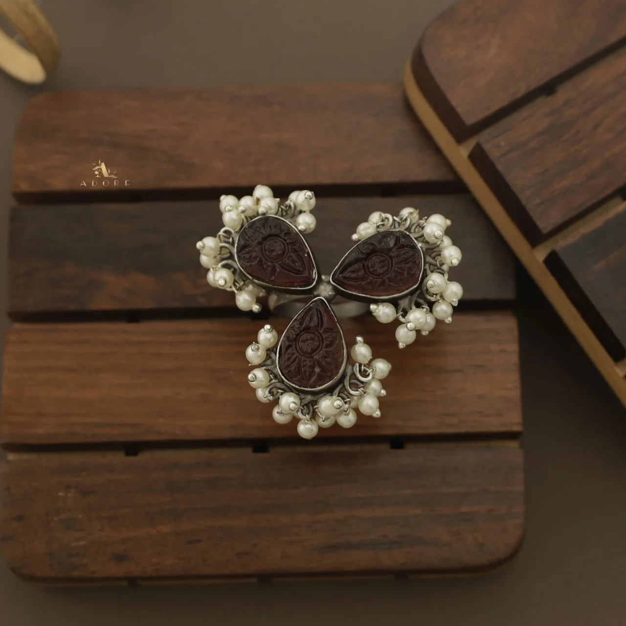 Daxa Carved 3 Petal Cluster Pearl Ring ( Rust Finish ) - Image 4