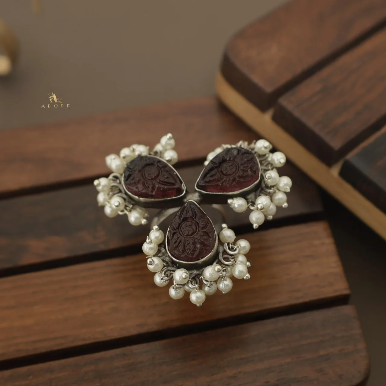 Daxa Carved 3 Petal Cluster Pearl Ring ( Rust Finish ) - Image 6