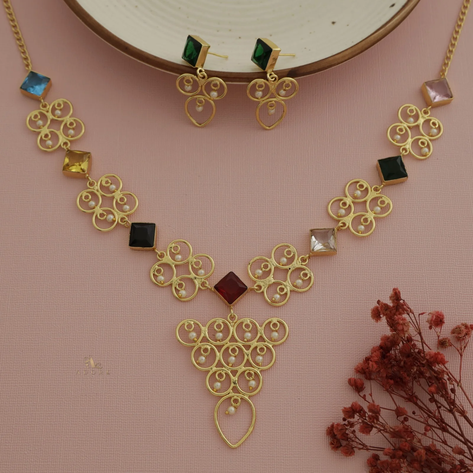 Cressida Diamond Glossy Pearl Triangle Neckpiece With Earring - Image 3