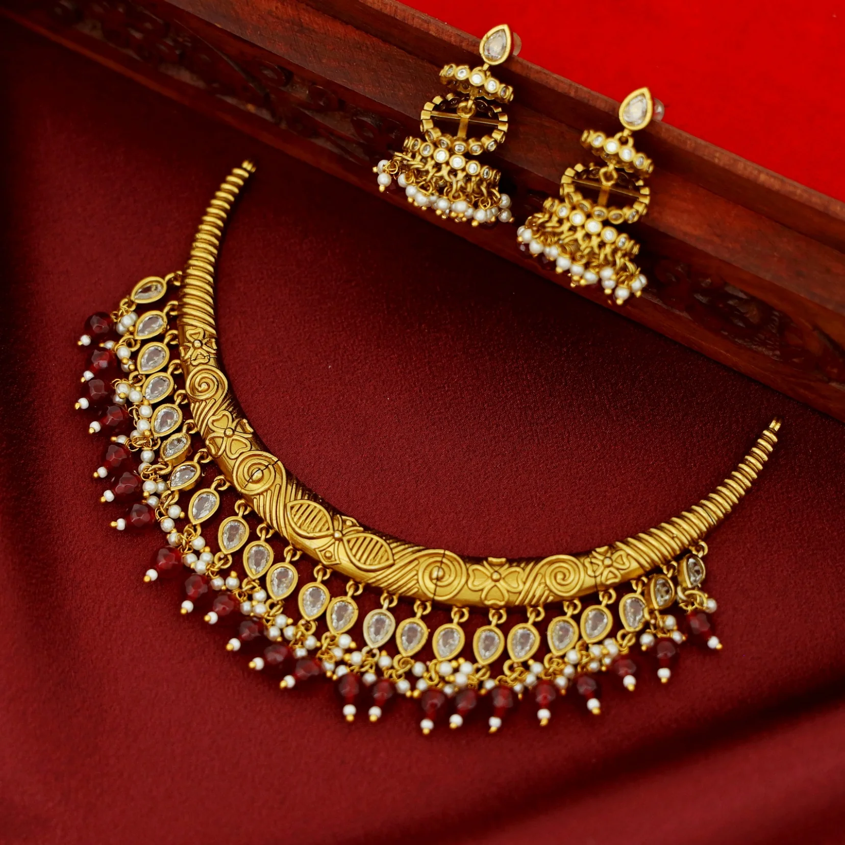 Premium Beaded Drop Stiff Wings Short Neckpiece With Earring - Image 5