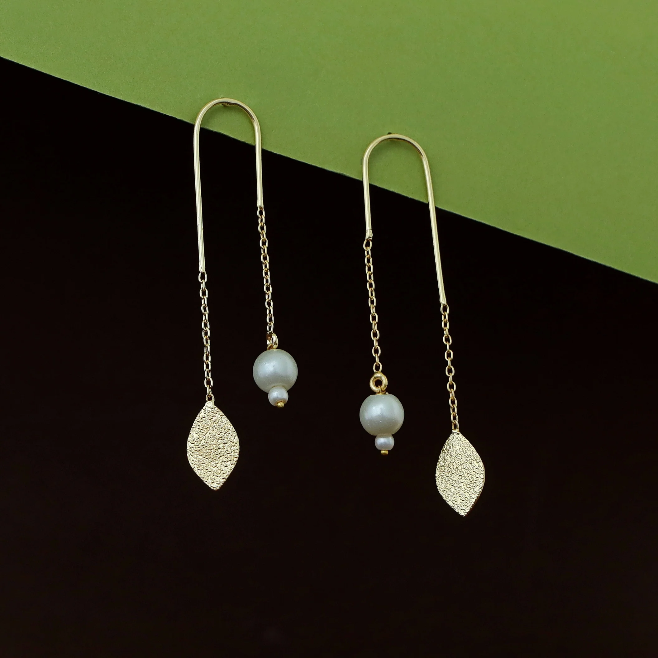 Danica Hanging Pearl Textured Leafy Earring - Image 2