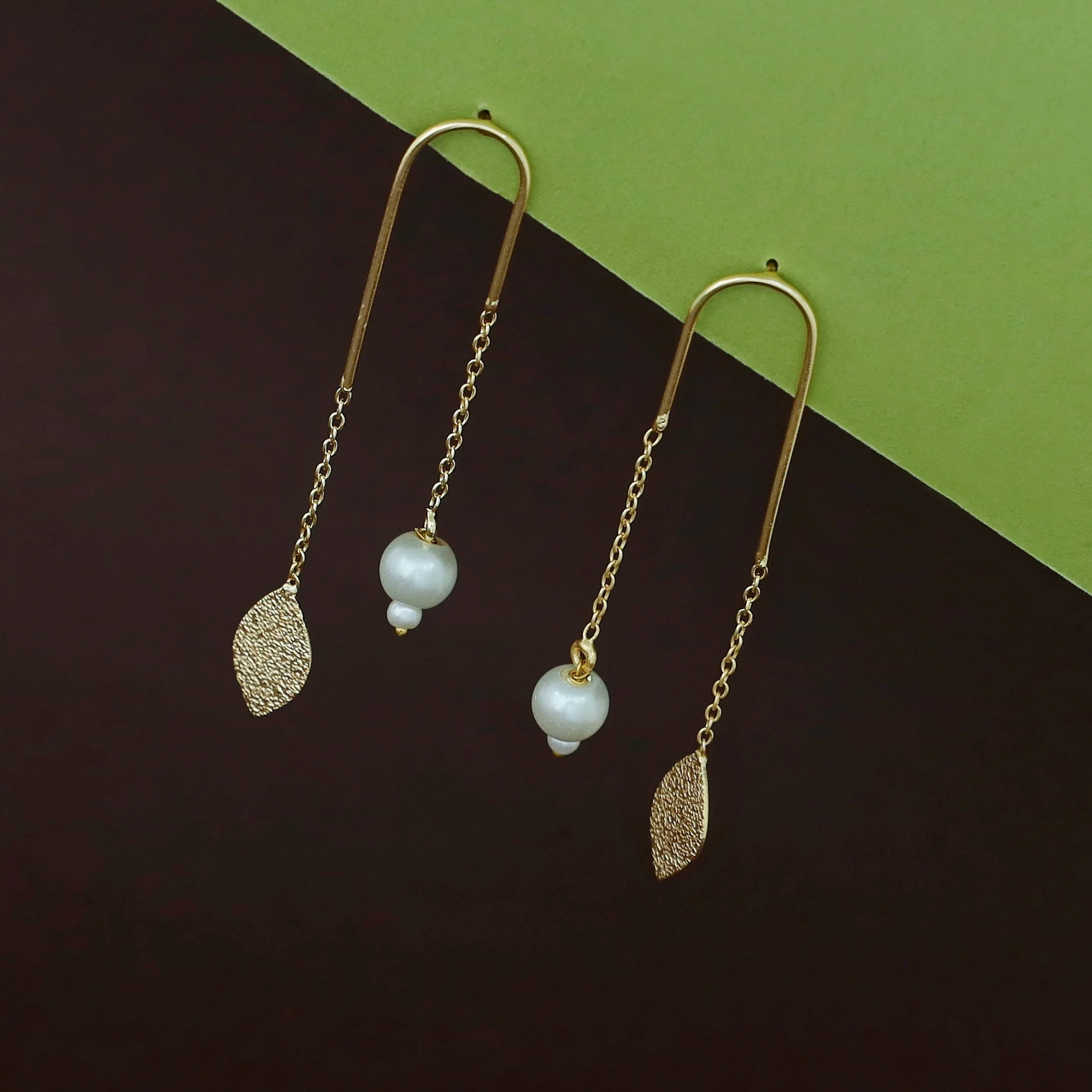 Danica Hanging Pearl Textured Leafy Earring - Image 3
