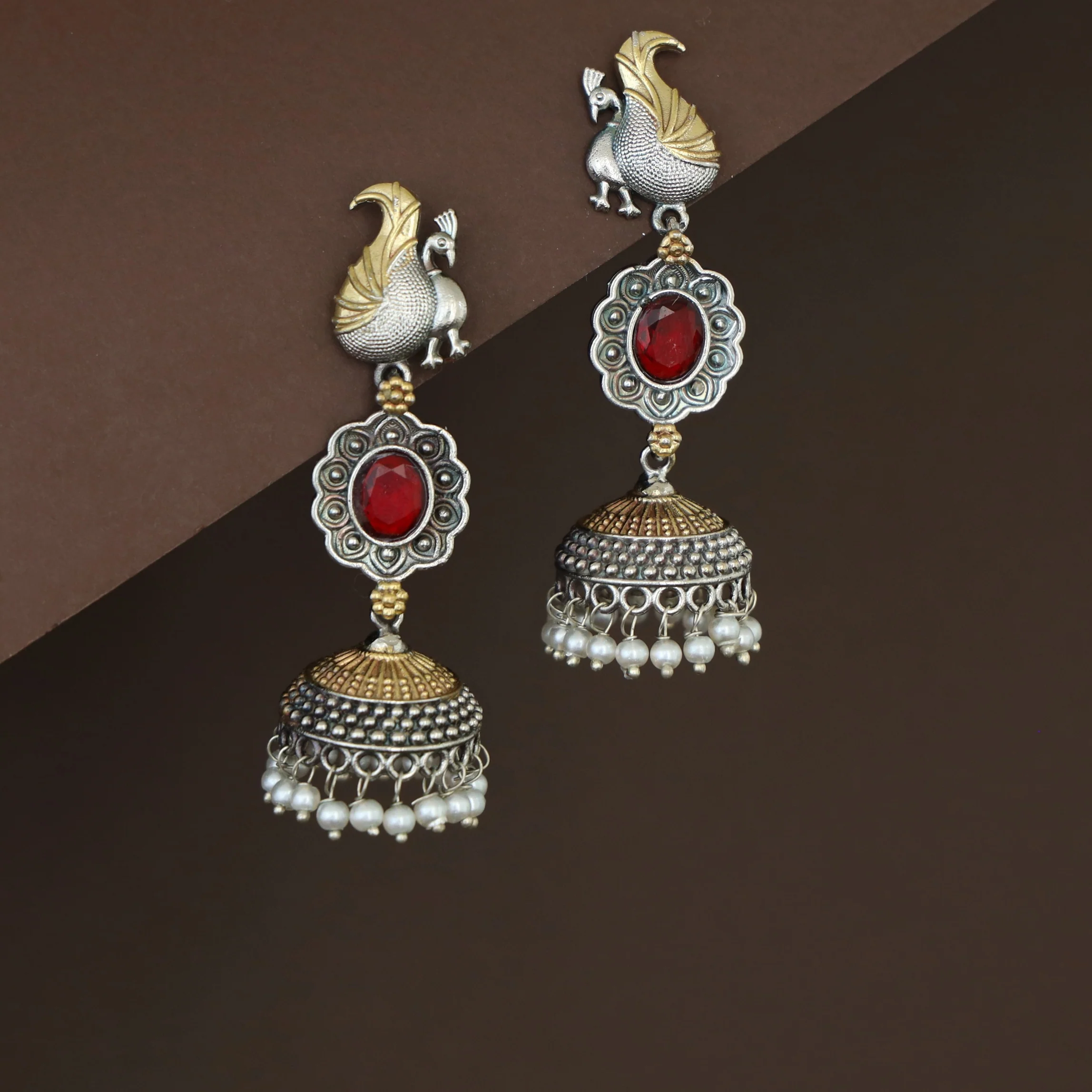 Deesha Mayura Dual Tone Oval Glossy Jhumka - Image 2