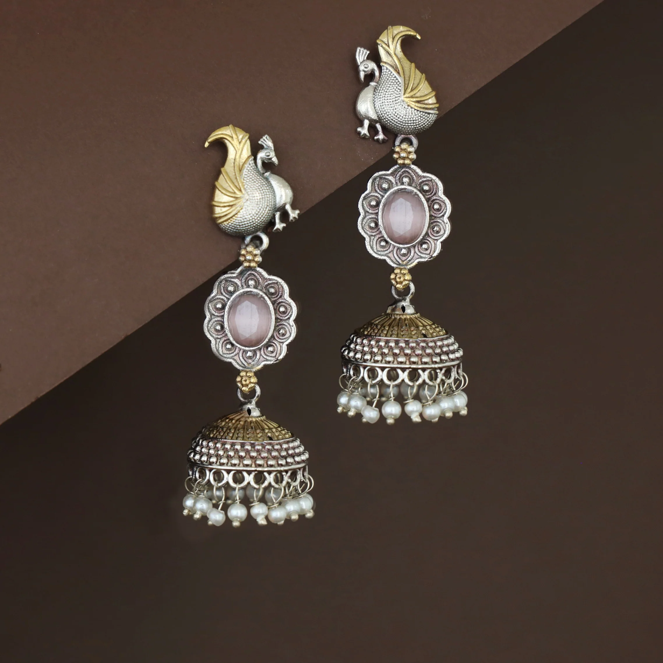 Deesha Mayura Dual Tone Oval Glossy Jhumka - Image 3
